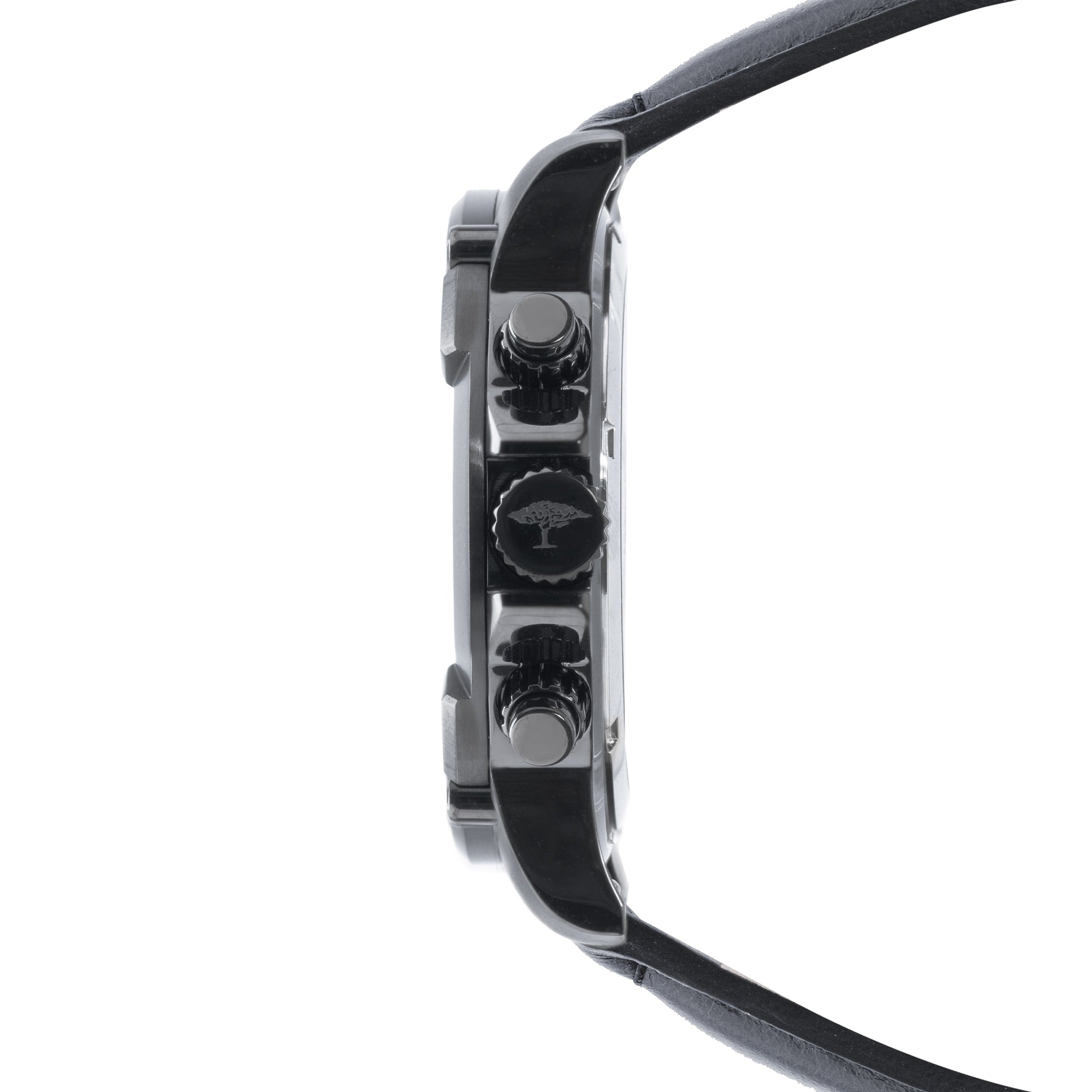 Fynch-Hatton Armbanduhr mit schwarzem Zifferblatt, Chronographenwerk, schwarzem Gehäuse mit aufgesetztem Topring und schwarzem Lederband; Seitenansicht