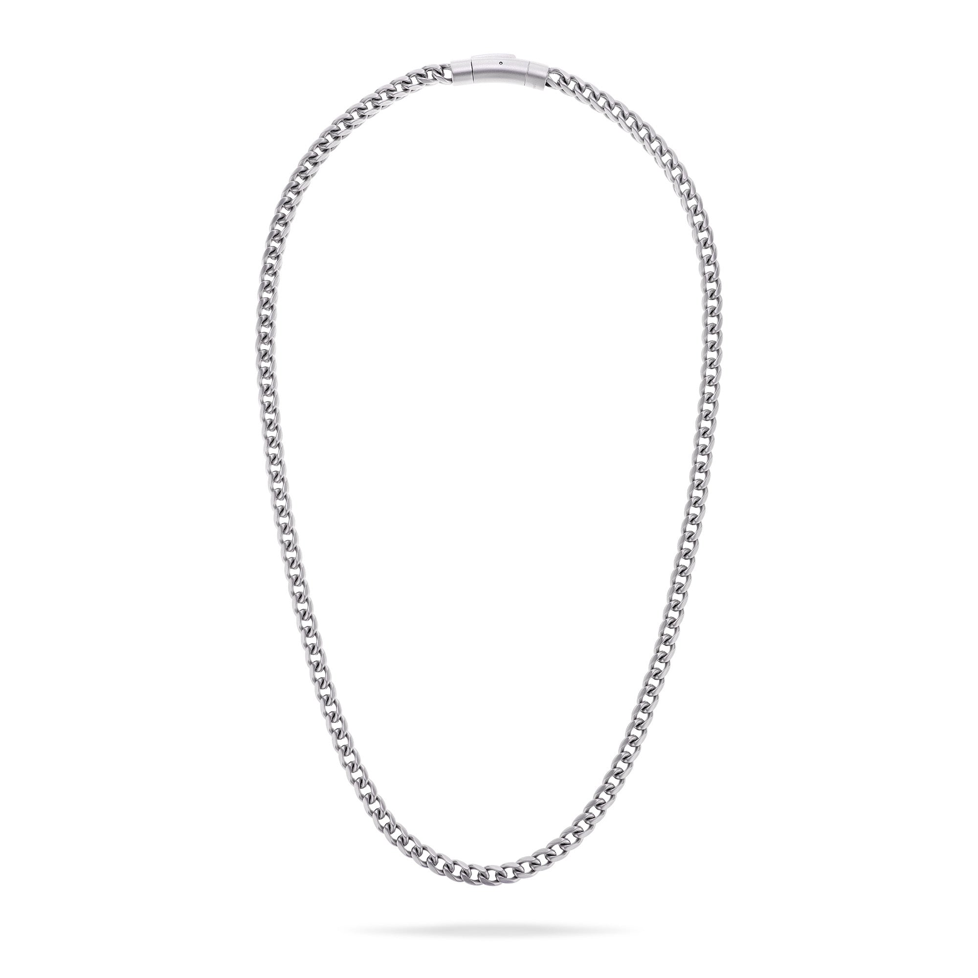 Die Fynch-Hatton Halskette - The Foxtail Chain aus Edelstahl mit schlichtem Verschluss wird auf weißem Hintergrund präsentiert.