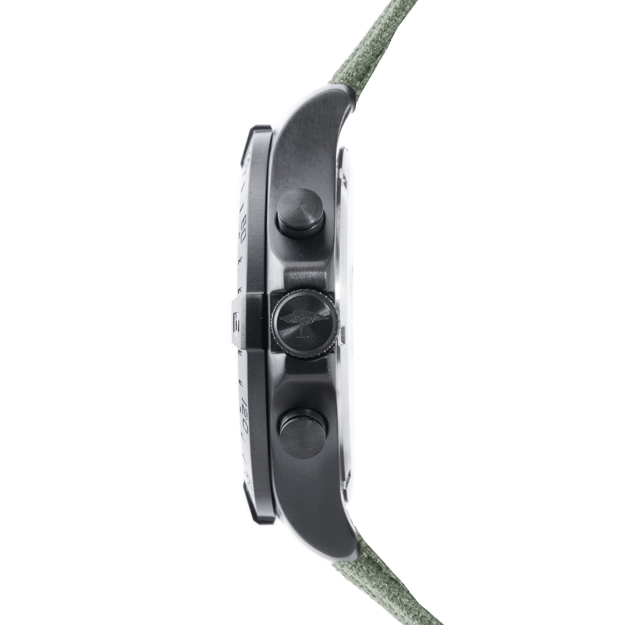 Fynch-Hatton Armbanduhr mit schwarzem Zifferblatt, Chronographenwerk, schwarzem Gehäuse mit aufgesetztem Topring und schwarzem Lederband; Seitenansicht