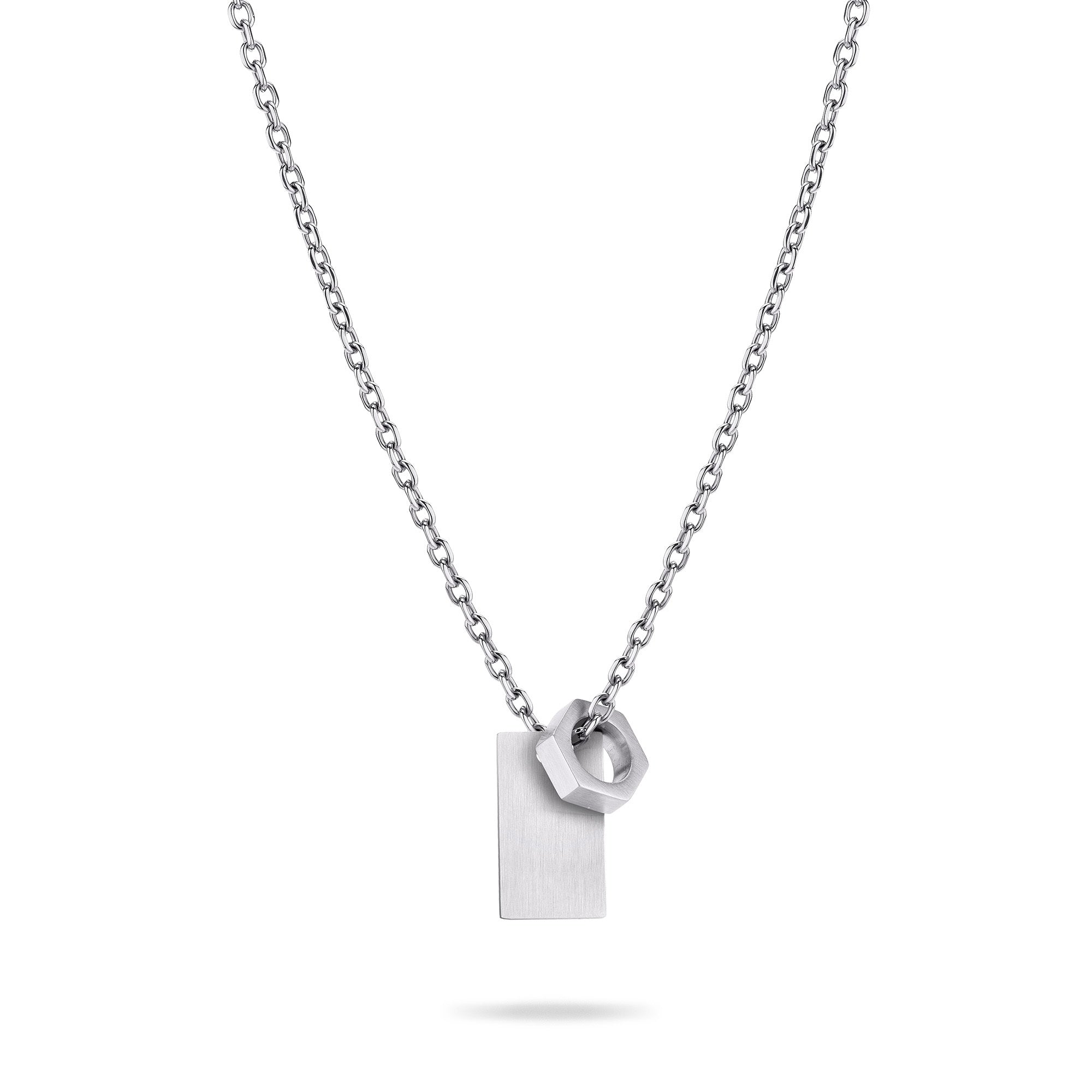 Fynch-Hatton Halskette in der Farbe silber mit Plattenanhänger und aufgefädelten Hexagon-Ring; Produktbild