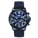 Fynch-Hatton Armbanduhr mit blauem Zifferblatt, Chronographenwerk, blauem Gehäuse mit aufgesetztem Topring und blauem Silikonband; Produktbild