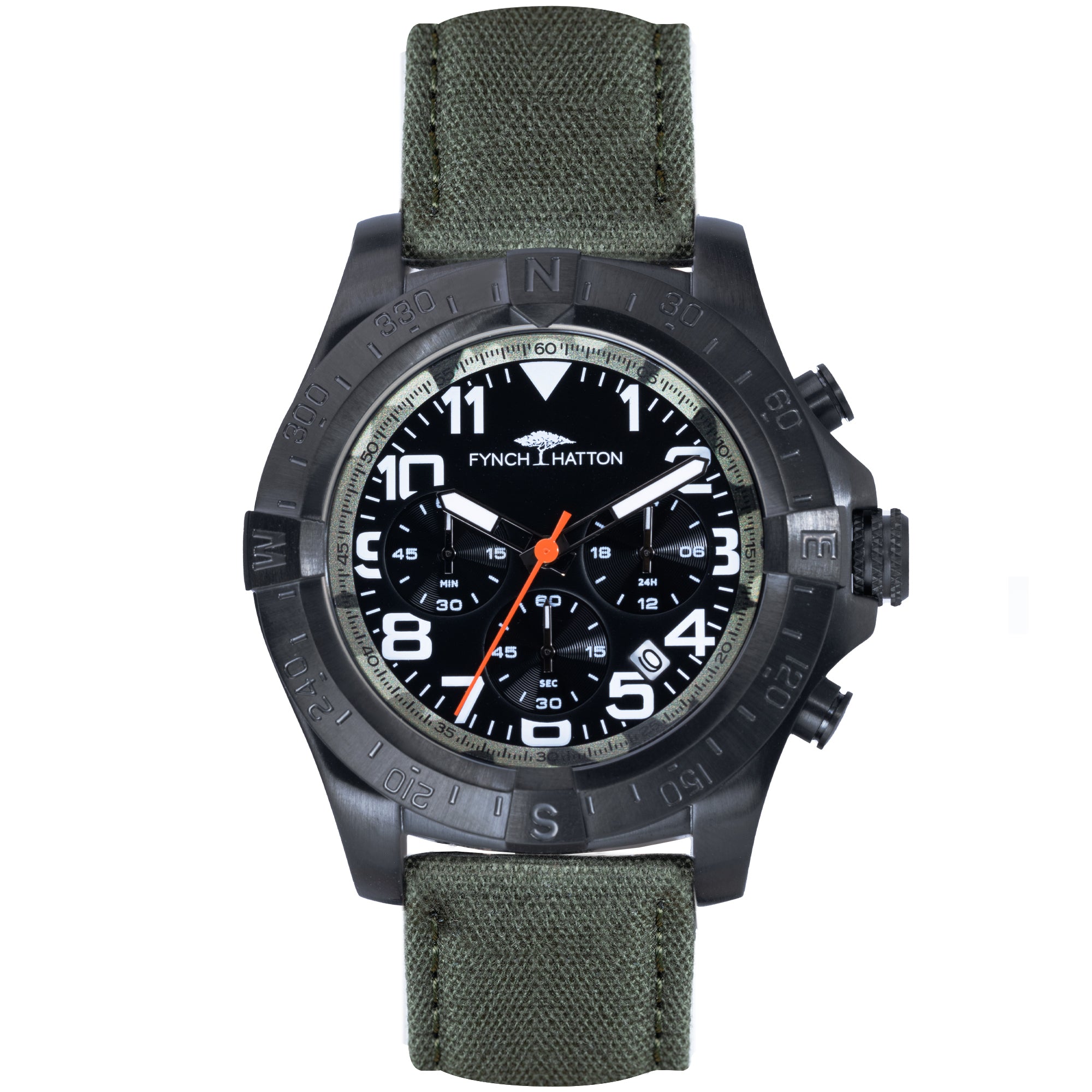 Fynch-Hatton Armbanduhr mit schwarzem Zifferblatt, Chronographenwerk, schwarzem Gehäuse mit aufgesetztem Topring und schwarzem Lederband; Produktbild