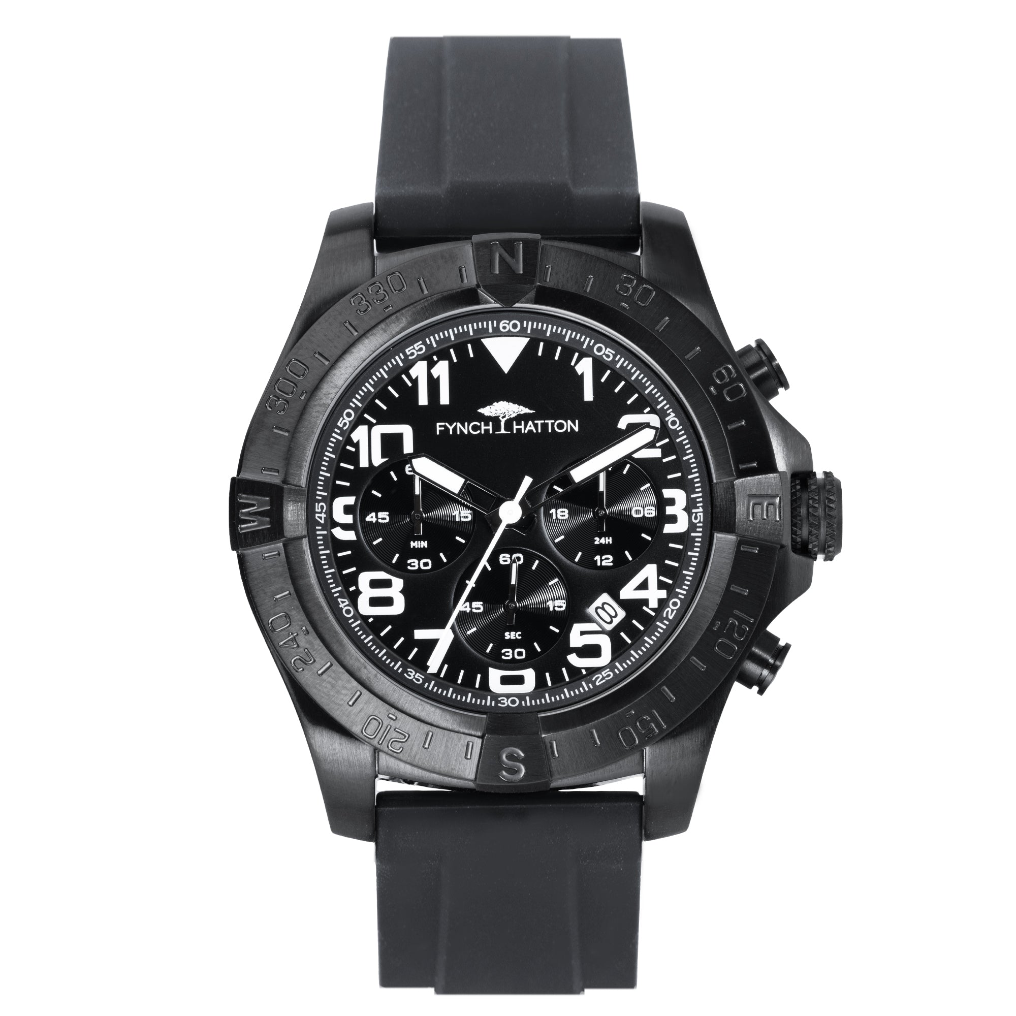 Fynch-Hatton Armbanduhr mit schwarzem Zifferblatt, Chronographenwerk, schwarzem Gehäuse mit aufgesetztem Topring und schwarzem Silikonband; Produktbild