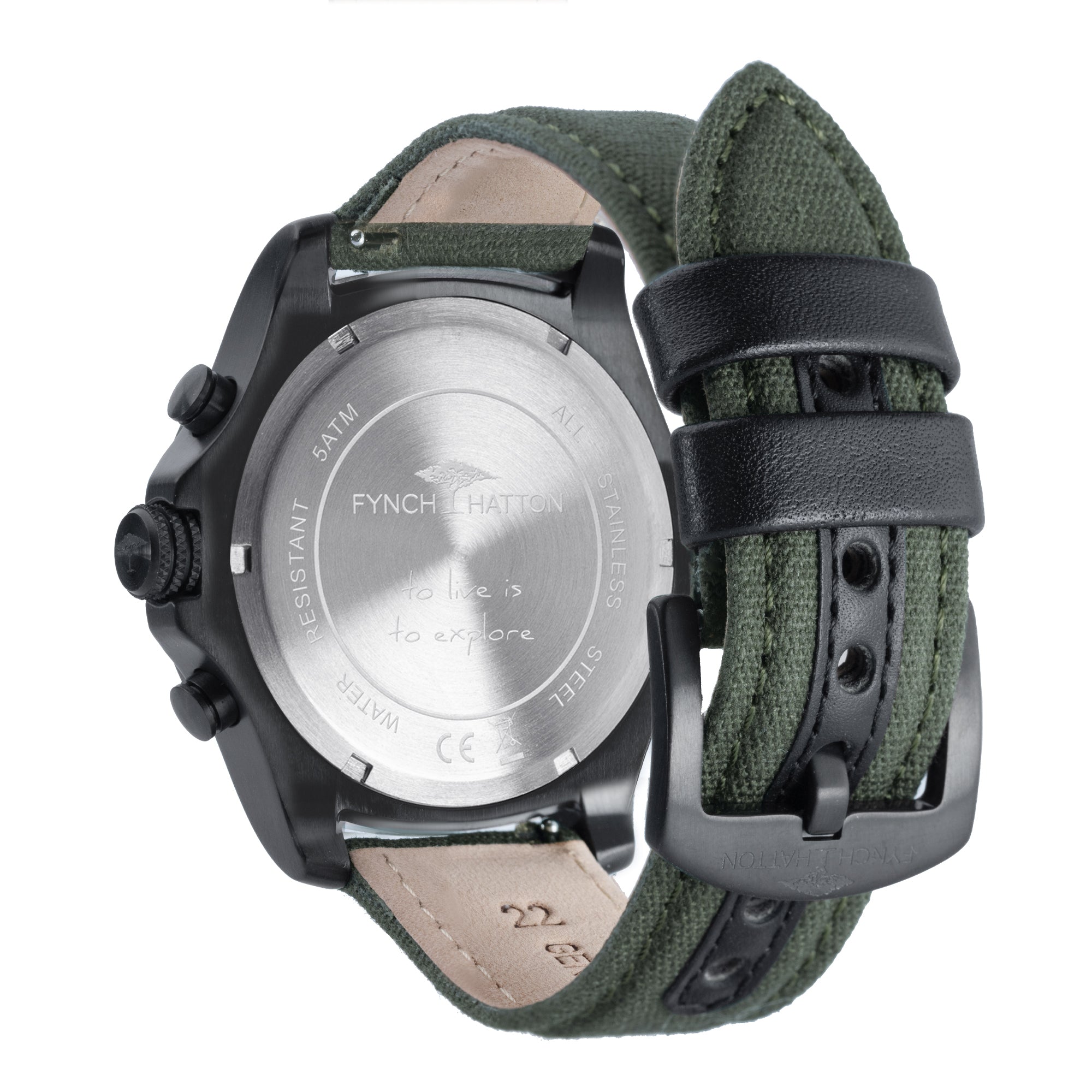 Rückansicht der Fynch-Hatton Armbanduhr - The Leather Chrono mit einem grünen Stoffarmband mit Lederakzenten und einem gravierten Edelstahlgehäuse.
