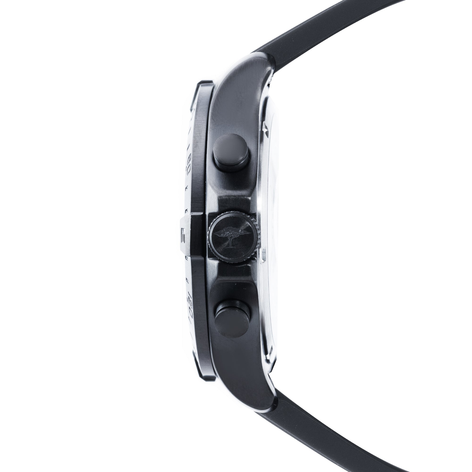 Seitenansicht der Fynch-Hatton Armbanduhr - The Black Chrono, einem stilvollen Herrenchronographen in Schwarz mit zwei Drückern und einer Krone, gefertigt aus Edelstahl und isoliert auf weißem Hintergrund dargestellt.