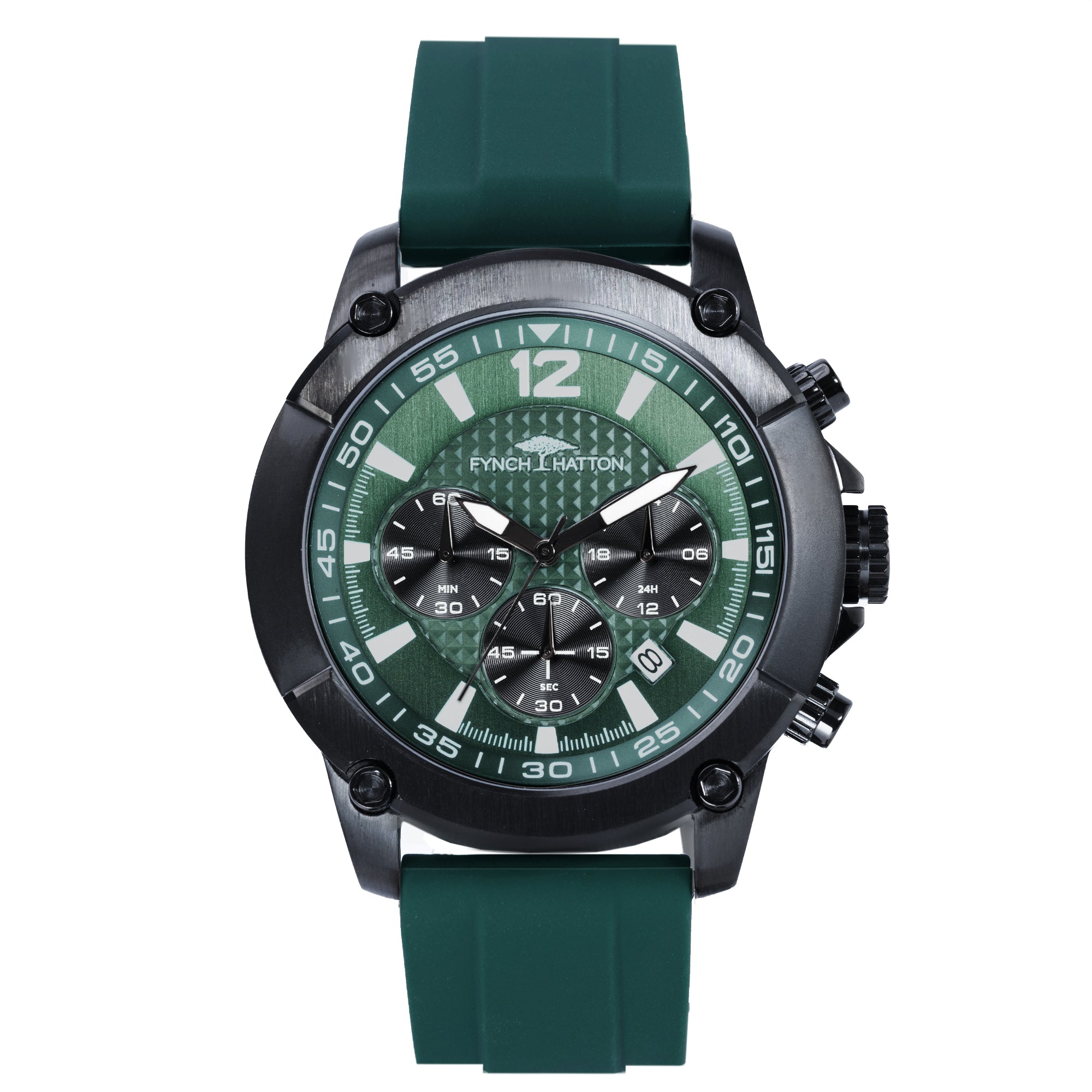 Fynch-Hatton Armbanduhr mit grünem Zifferblatt, Chronographenwerk, schwarzem Gehäuse mit aufgesetztem Topring und grünem Silikonband; Produktbild