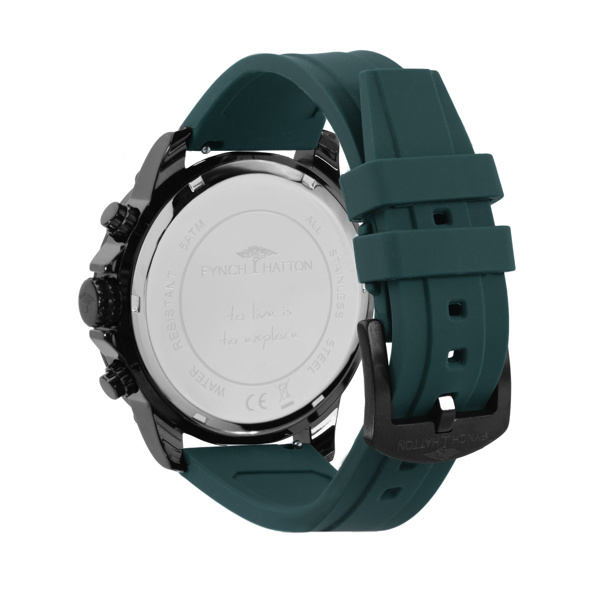 Rückansicht der Fynch-Hatton Armbanduhr - The Green Chrono, die sich durch ein blaugrünes Armband und ein graviertes Edelstahlgehäuse auszeichnet, das das raffinierte Chronographenwerk hervorhebt.