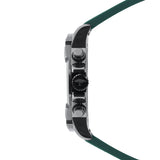 Fynch-Hatton Armbanduhr mit grünem Zifferblatt, Chronographenwerk, schwarzem Gehäuse mit aufgesetztem Topring und grünem Silikonband; Seitenansicht