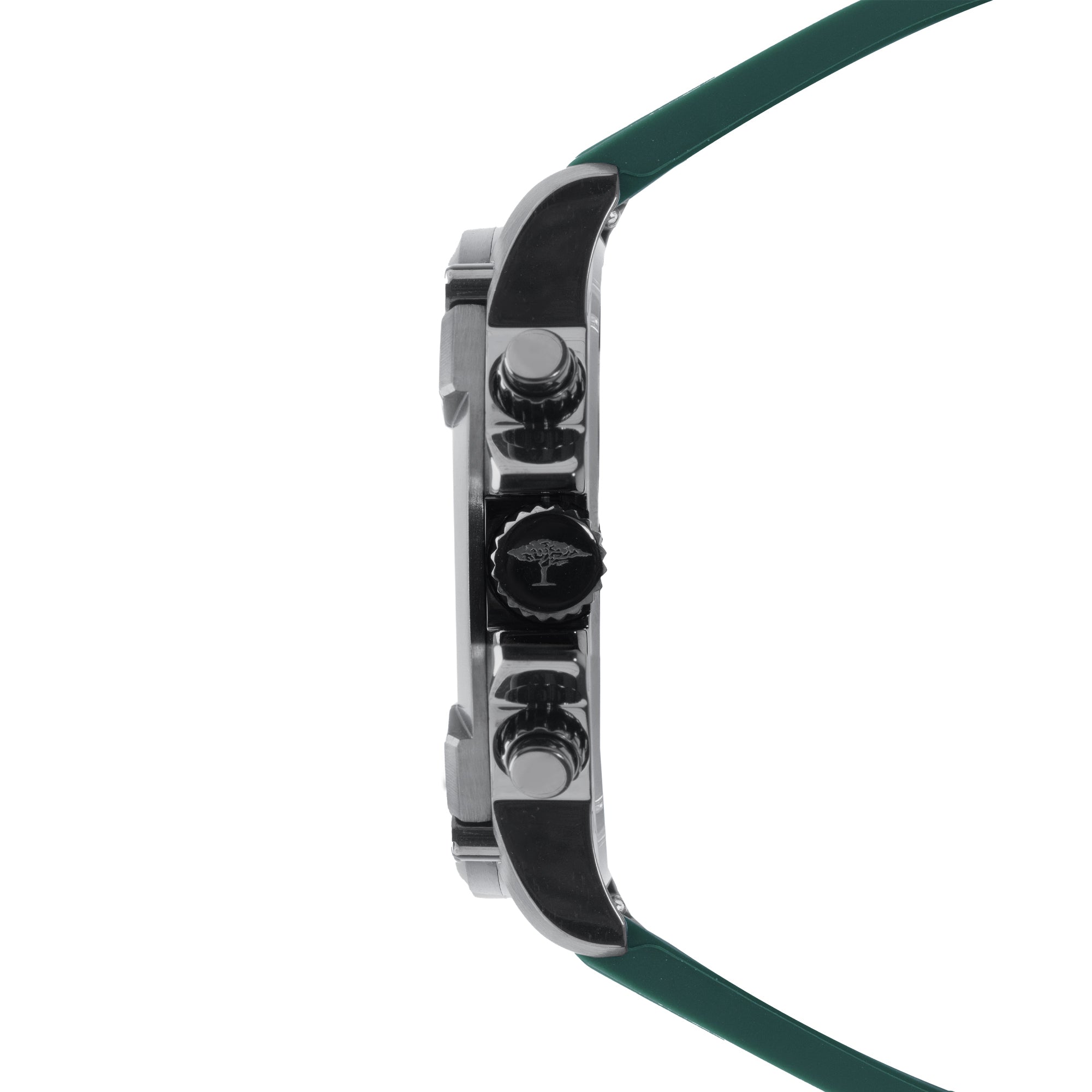 Fynch-Hatton Armbanduhr mit grünem Zifferblatt, Chronographenwerk, schwarzem Gehäuse mit aufgesetztem Topring und grünem Silikonband; Seitenansicht