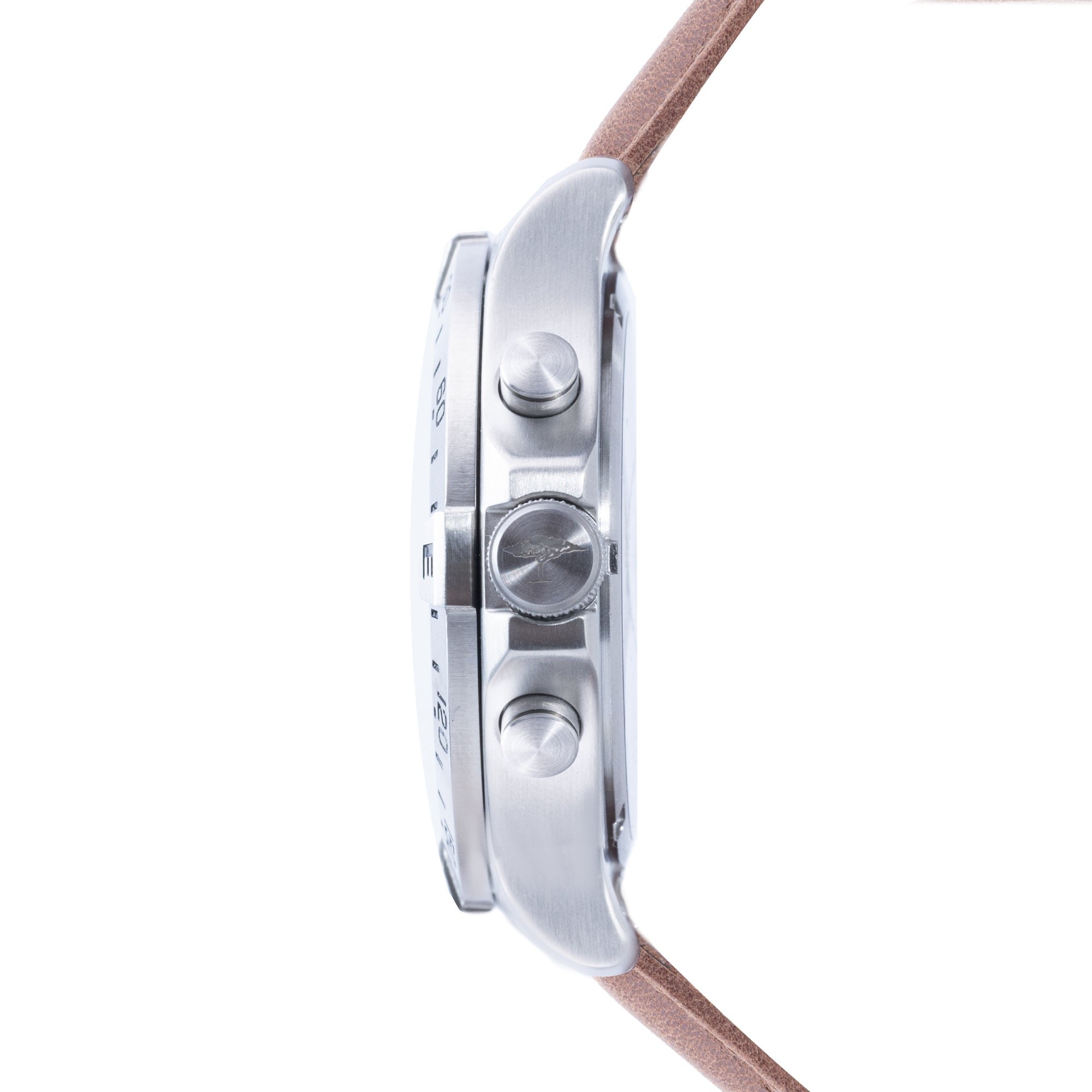 Fynch-Hatton Armbanduhr mit schwarzem Zifferblatt, Chronographenwerk, silbernem Gehäuse mit aufgesetztem Topring und braunem Lederband; Seitenansicht