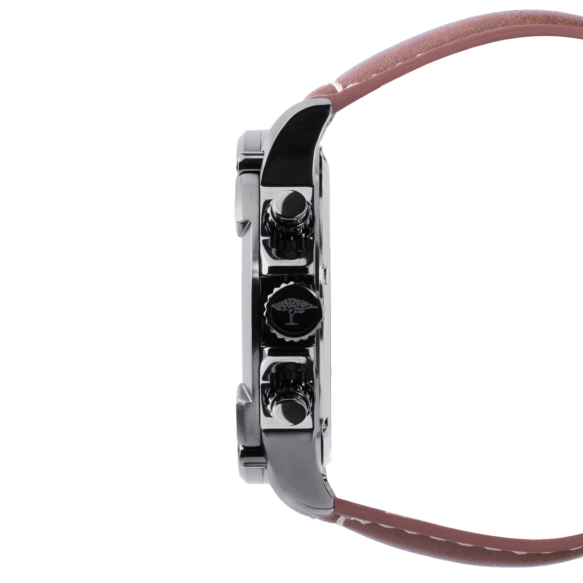 Fynch-Hatton Armbanduhr mit weißem Zifferblatt, Chronographenwerk, silbernem Gehäuse mit aufgesetztem Topring und braunem Lederband; Seitenansicht