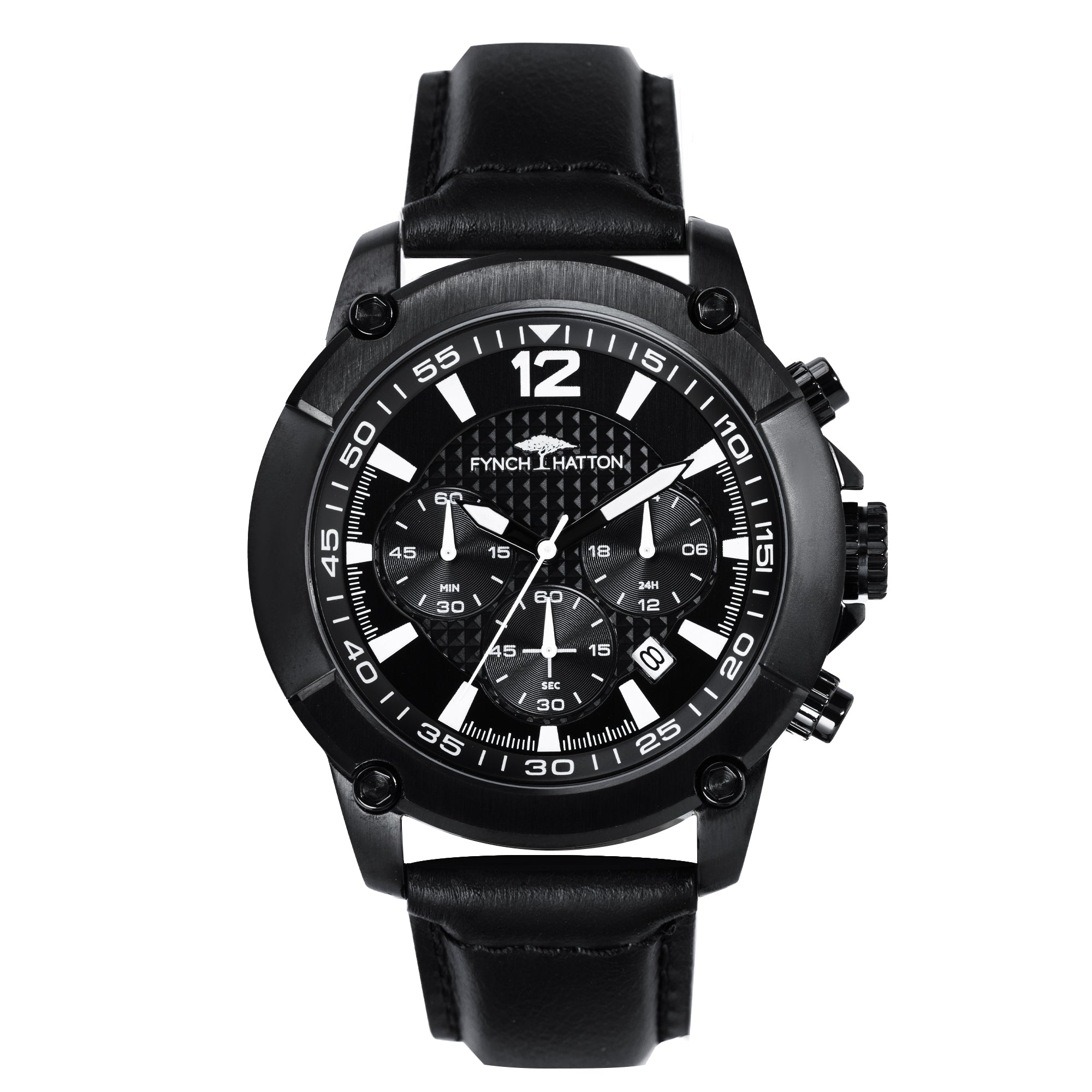 Fynch-Hatton Armbanduhr mit schwarzem Zifferblatt, Chronographenwerk, schwarzem Gehäuse mit aufgesetztem Topring und schwarzem Lederband; Produktbild