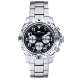 Fynch-Hatton Armbanduhr mit schwarzem Zifferblatt, Chronographenwerk, silbernem Gehäuse mit aufgesetztem Topring und silbernem Gliederband; Produktbild