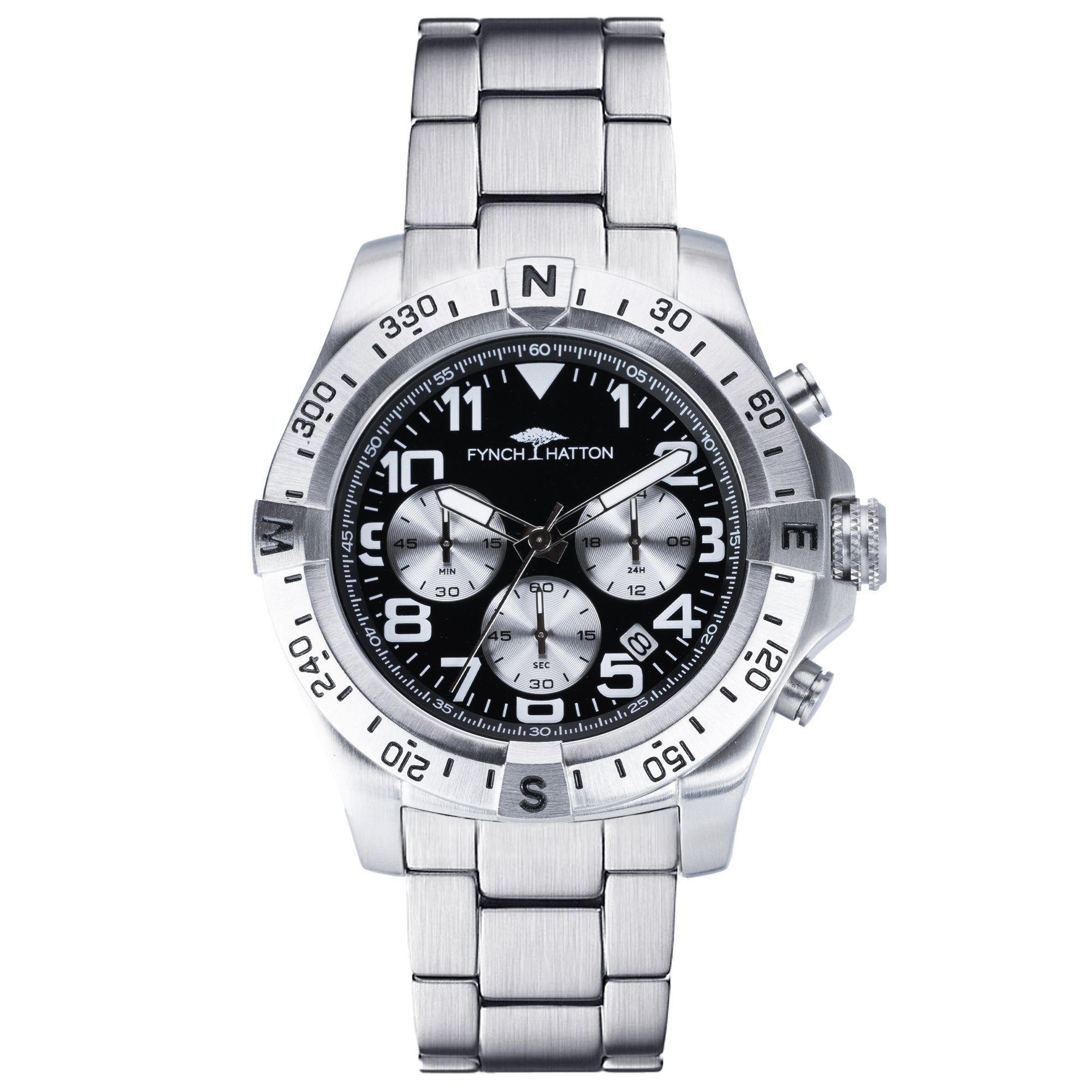 Fynch-Hatton Armbanduhr mit schwarzem Zifferblatt, Chronographenwerk, silbernem Gehäuse mit aufgesetztem Topring und silbernem Gliederband; Produktbild