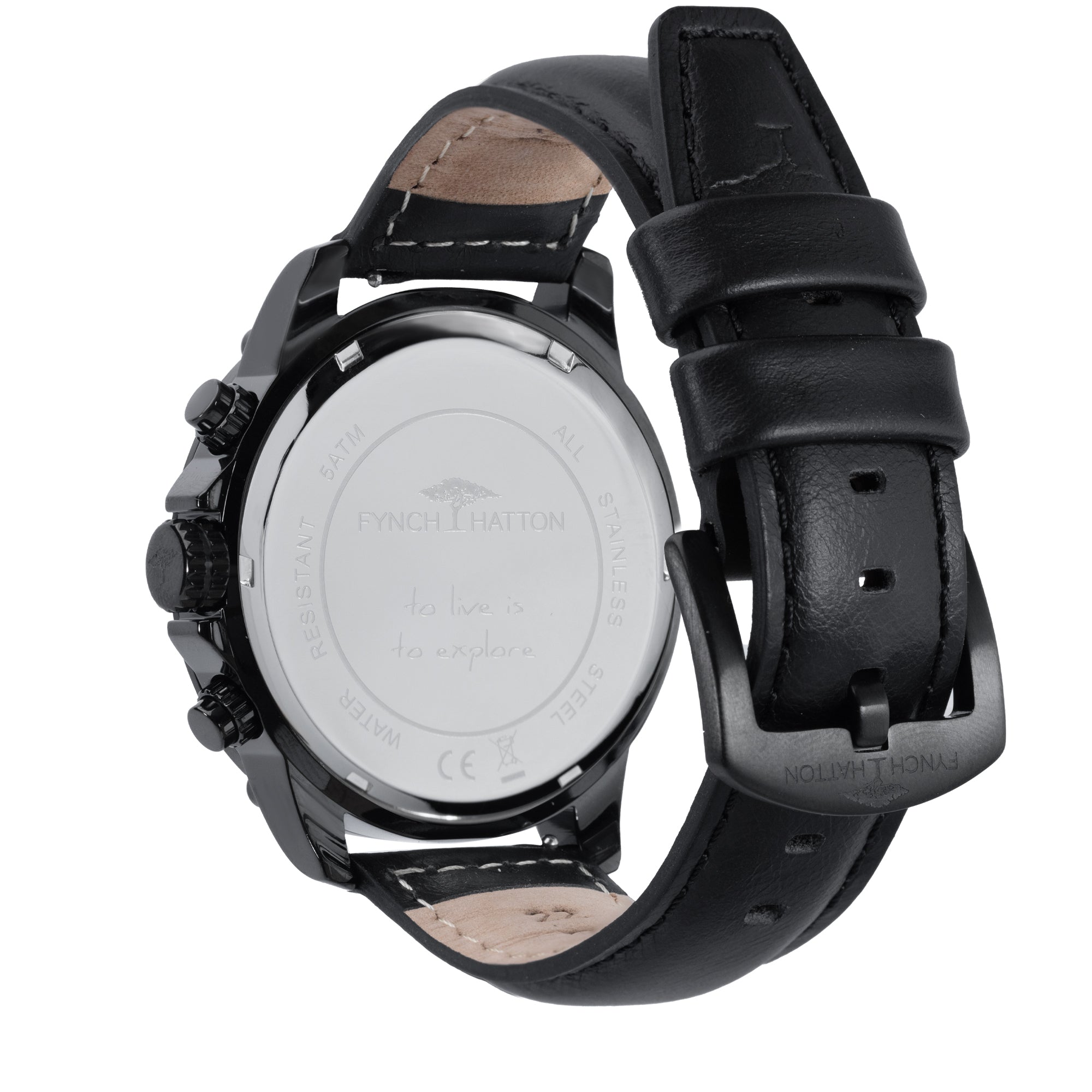 Fynch-Hatton Armbanduhr mit schwarzem Zifferblatt, Chronographenwerk, schwarzem Gehäuse mit aufgesetztem Topring und schwarzem Lederband; Rückansicht