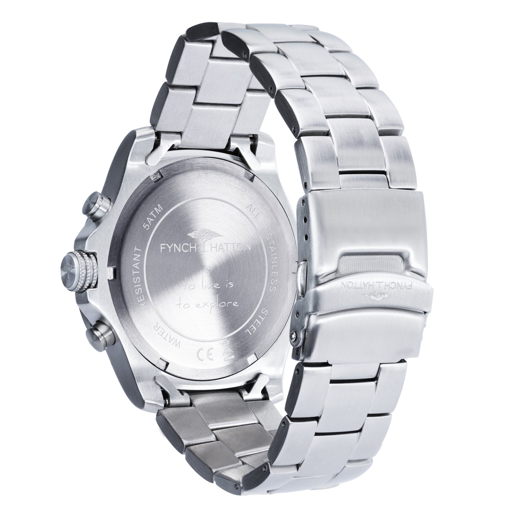 Rückansicht der Fynch-Hatton Armbanduhr - Der silberne Chrono mit gravierten Gehäusedetails und einem eleganten Edelstahlarmband.