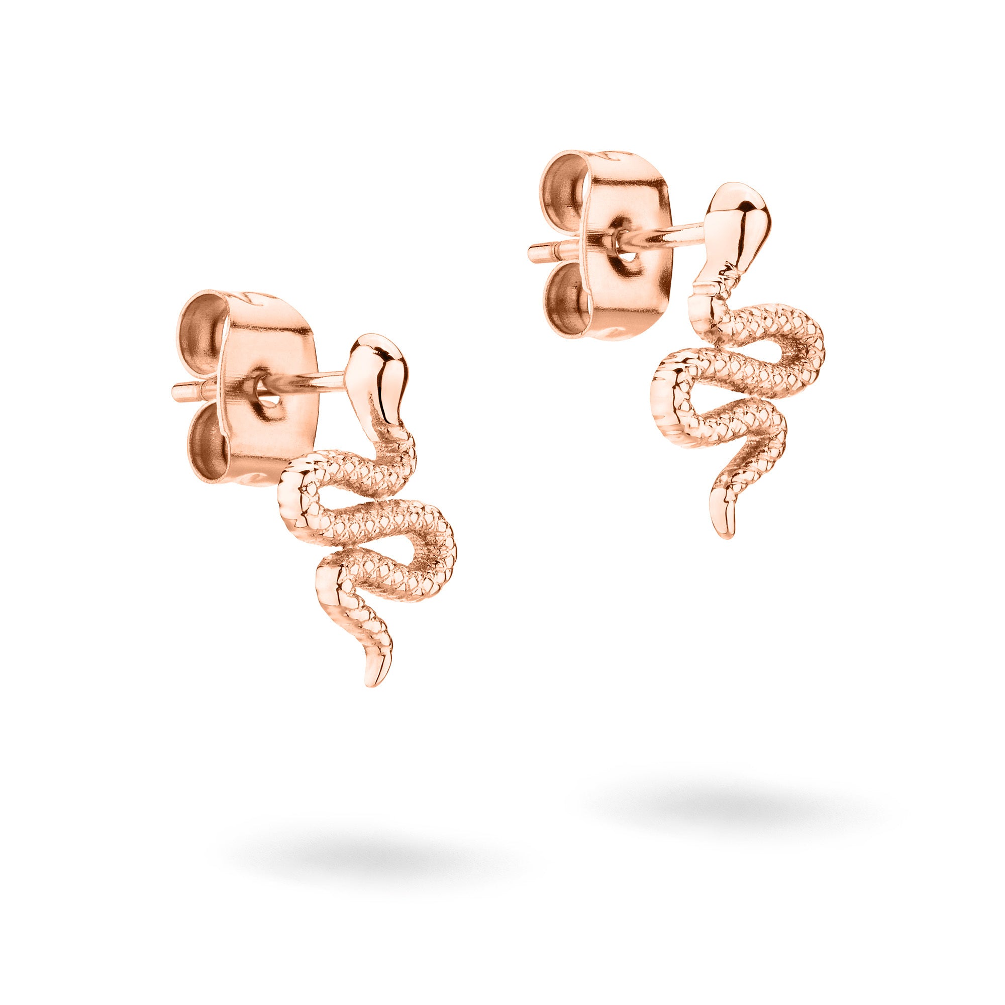 Apple of Eden Ohrstecker - Die stilvolle Schlange: Ohrstecker aus Roségold im Design einer gewundenen Schlange von Apple of Eden, präsentiert auf weißem Hintergrund.