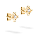 Apple of Eden Ohrstecker - The Sparkling Flower: Elegante goldene Ohrstecker in Sternform mit einem klaren Edelstein in der Mitte von Apple of Eden, abgebildet auf weißem Hintergrund.