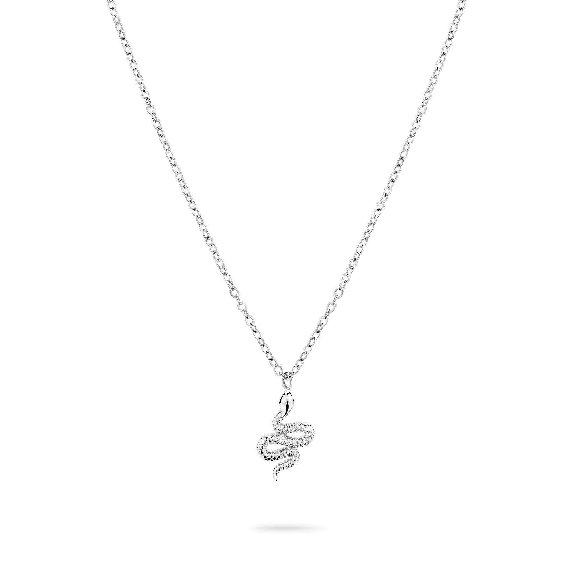 Die Apple of Eden Halskette - The Stylish Snake präsentiert einen eleganten, schlangenförmigen Anhänger aus Silber vor weißem Hintergrund - stilvolles Design von Apple of Eden.