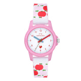 Cool Time Kids Armbanduhr mit roten Indizes, rosa Kunststoffgehäuse und rosa Silikonband mit Apfelmotiven; Produktbild
