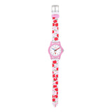 Cool Time Kids Armbanduhr mit roten Indizes, rosa Kunststoffgehäuse und rosa Silikonband mit Apfelmotiven; Produktbild