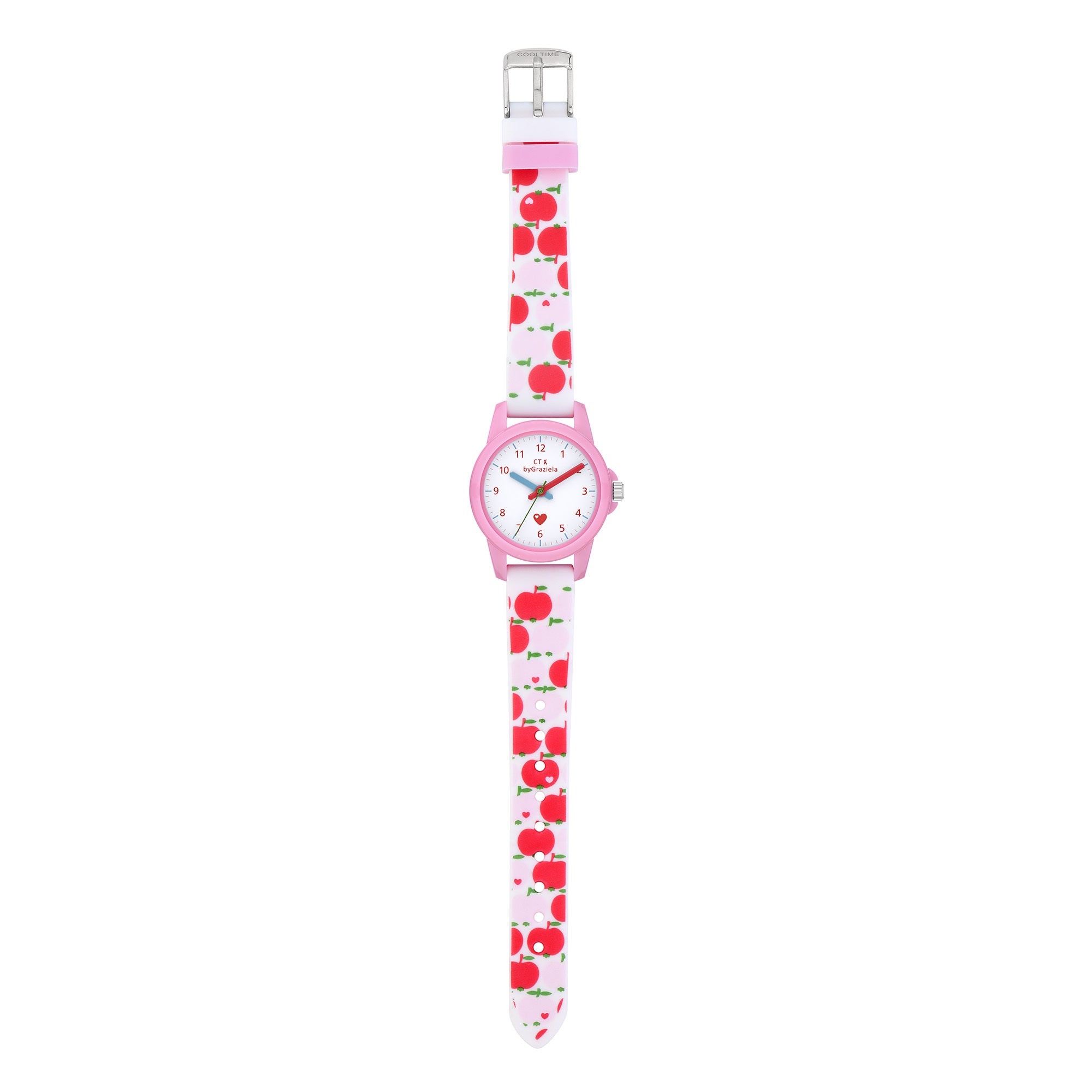 Cool Time Kids Armbanduhr mit roten Indizes, rosa Kunststoffgehäuse und rosa Silikonband mit Apfelmotiven; Produktbild