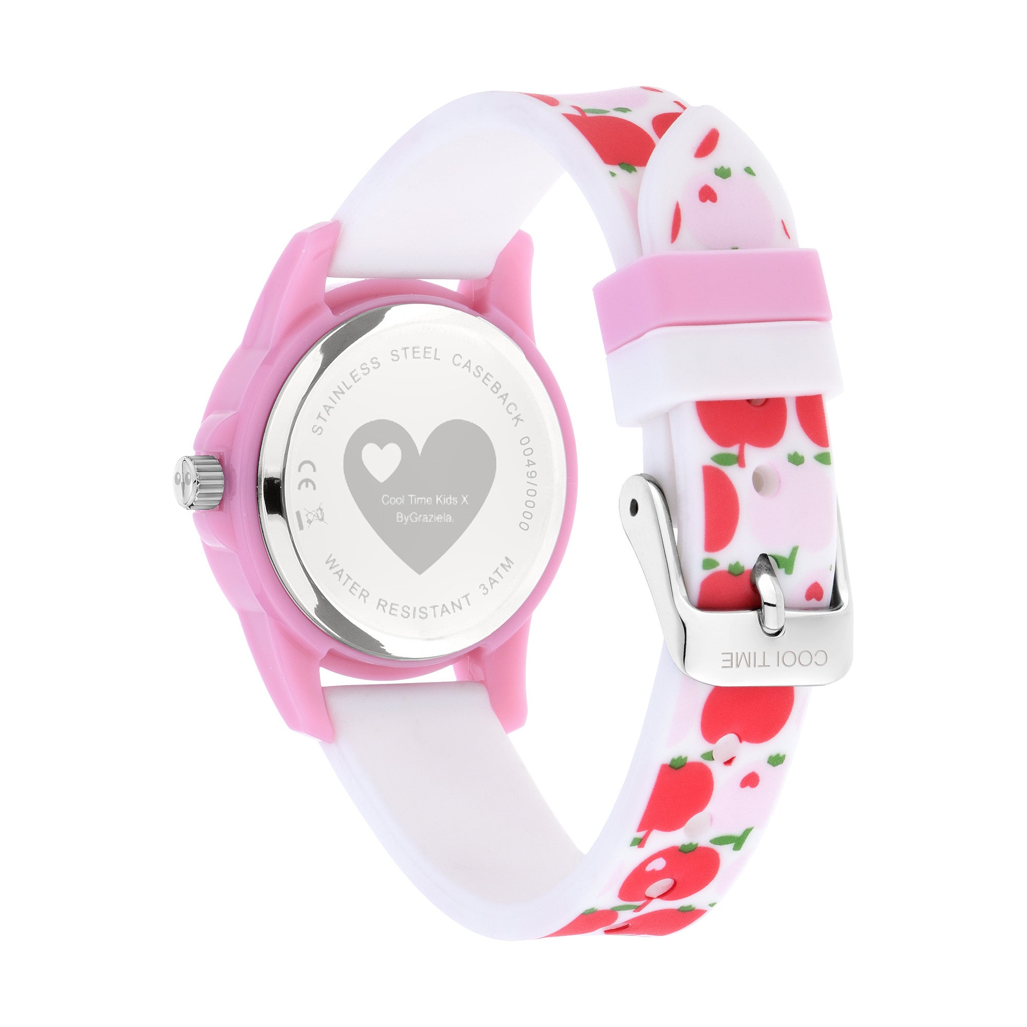 Cool Time Kids Armbanduhr mit roten Indizes, rosa Kunststoffgehäuse und rosa Silikonband mit Apfelmotiven; Rückansicht