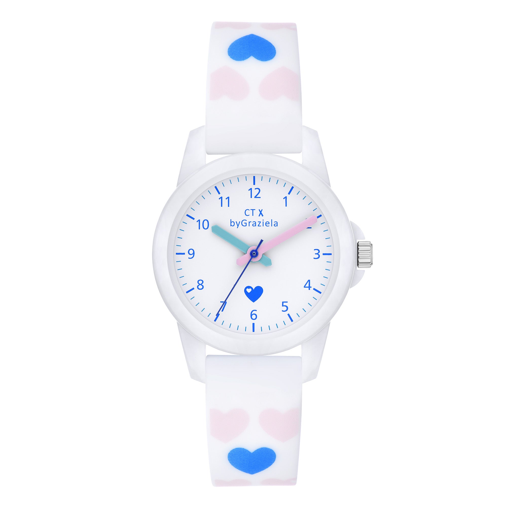 Cool Time Kids Armbanduhr mit blauen Indizes, weißem Kunststoffgehäuse und weißem Silikonband mit rosa, türkisen und blauen Herzmotiven; Produktbild