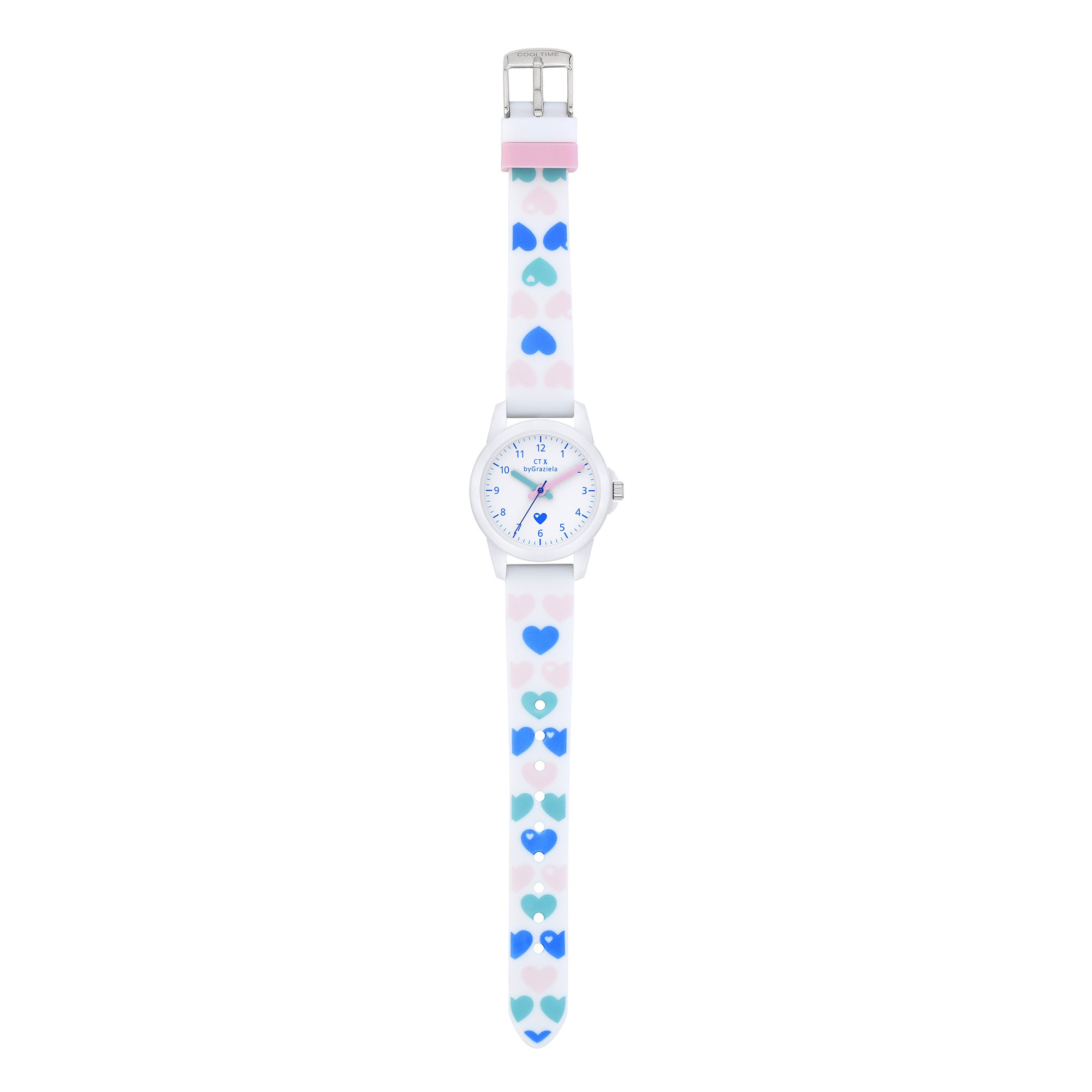 Cool Time Kids Armbanduhr - The Cool Graziela Heart von Cool Time: Weiße Kinderuhr mit blauem, rosa und türkisfarbenem Herzmuster auf dem Armband - perfekt für Kinder.