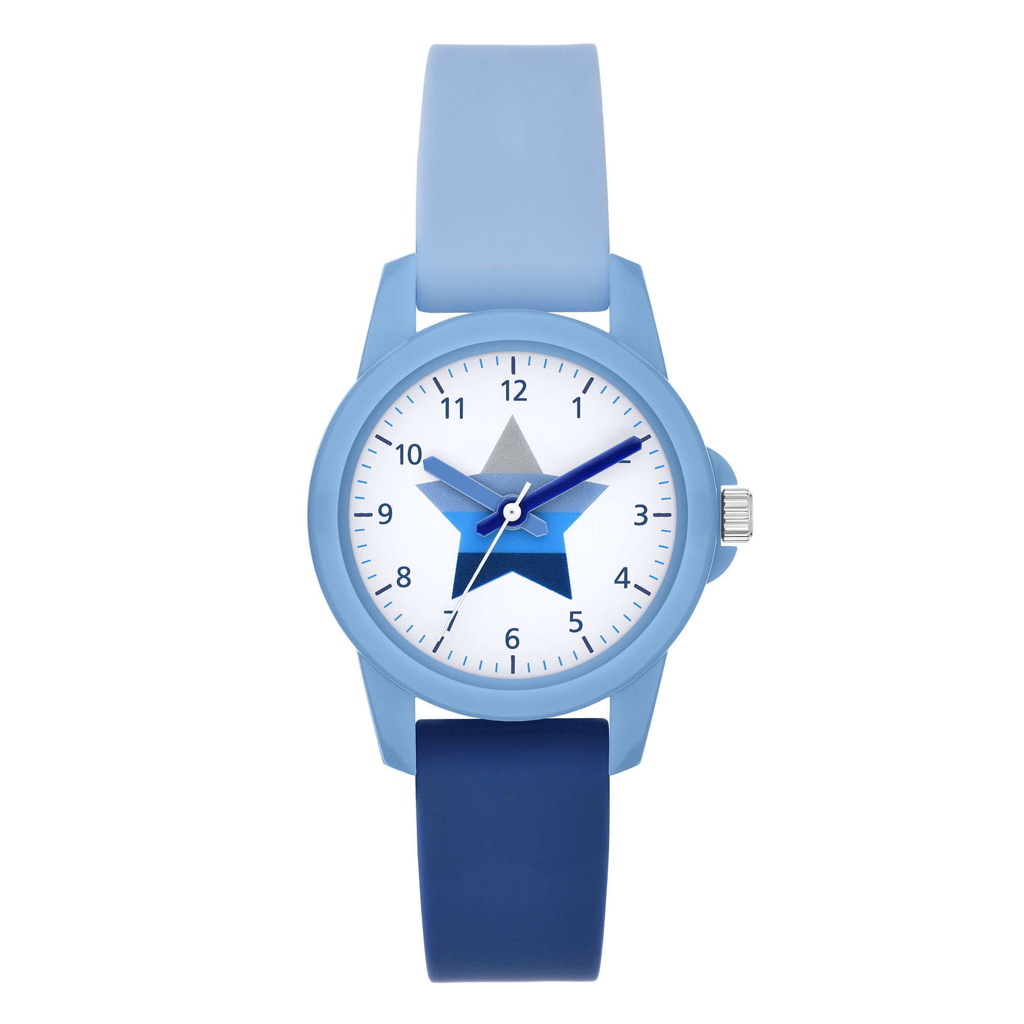 Cool Time Kids Armbanduhr mit baluen Indizes und Sternmotiv in grau und verschiedenen blautönen auf dem Zifferblatt, blauem Kunststoffgehäuse und Silikonband in zwei verschiedenen blautönen; Produktbild