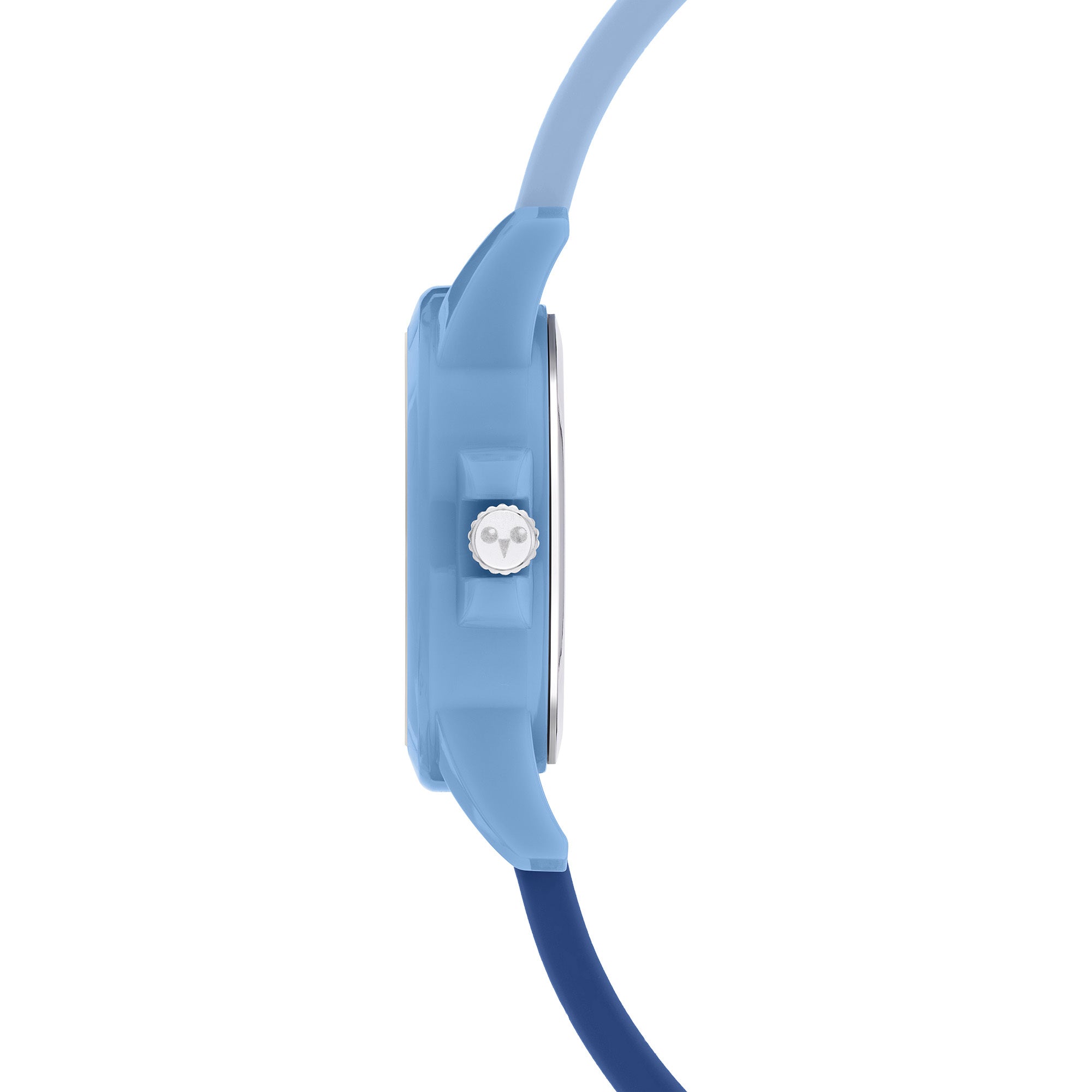 Seitenansicht einer blauen Cool Time Kids Armbanduhr - The Big Blue Star von Cool Time, mit einem runden Gehäuse und einem zweifarbigen blauen Silikonarmband.