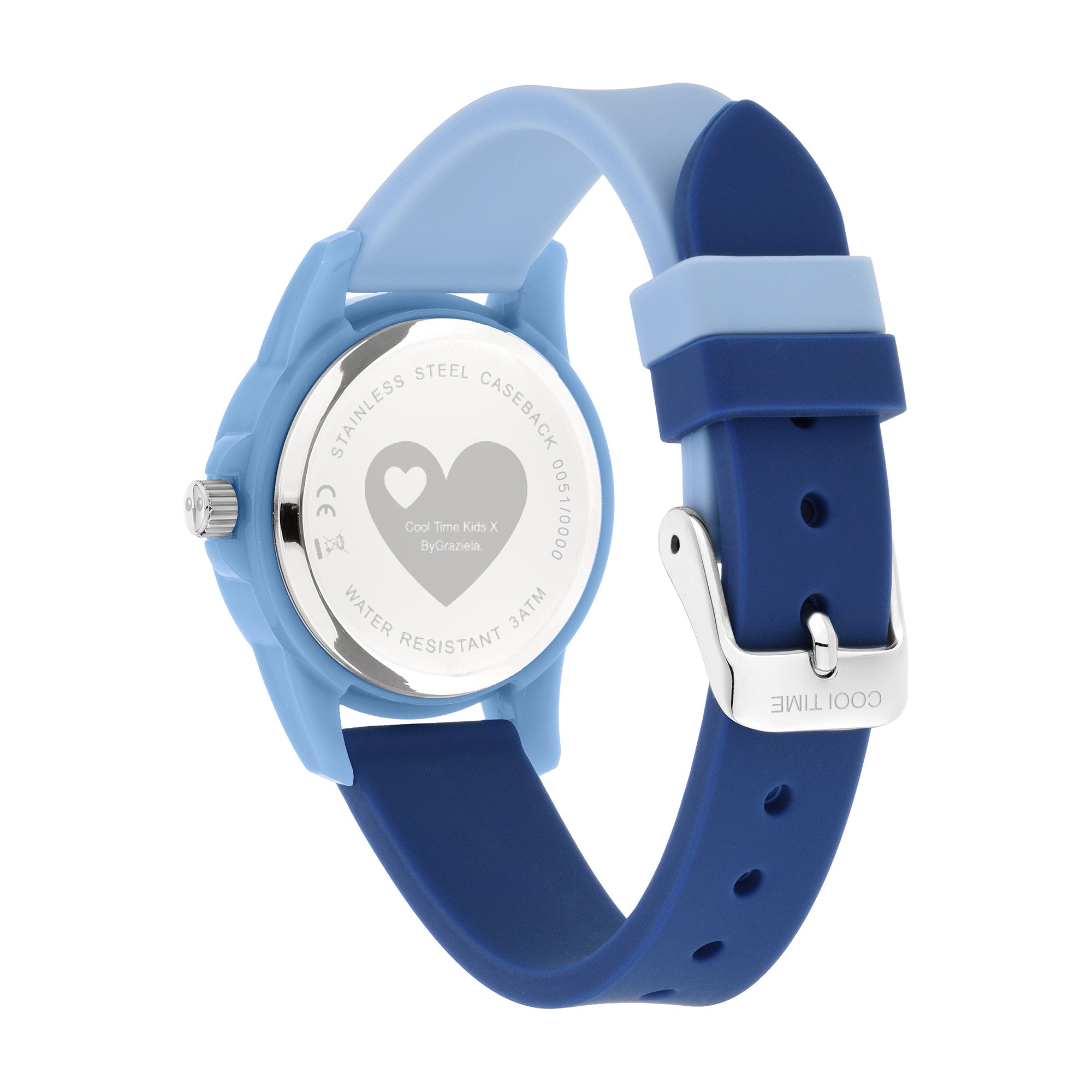 Rückansicht der Cool Time Kids Armbanduhr - The Big Blue Star von Cool Time, mit einer Herzgravur auf dem Edelstahlboden.