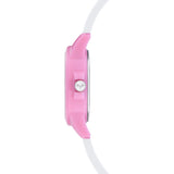 Cool Time Kids Armbanduhr mit roten Indizes, rosa Kunststoffgehäuse und rosa Silikonband mit Apfelmotiven; Seitenansicht