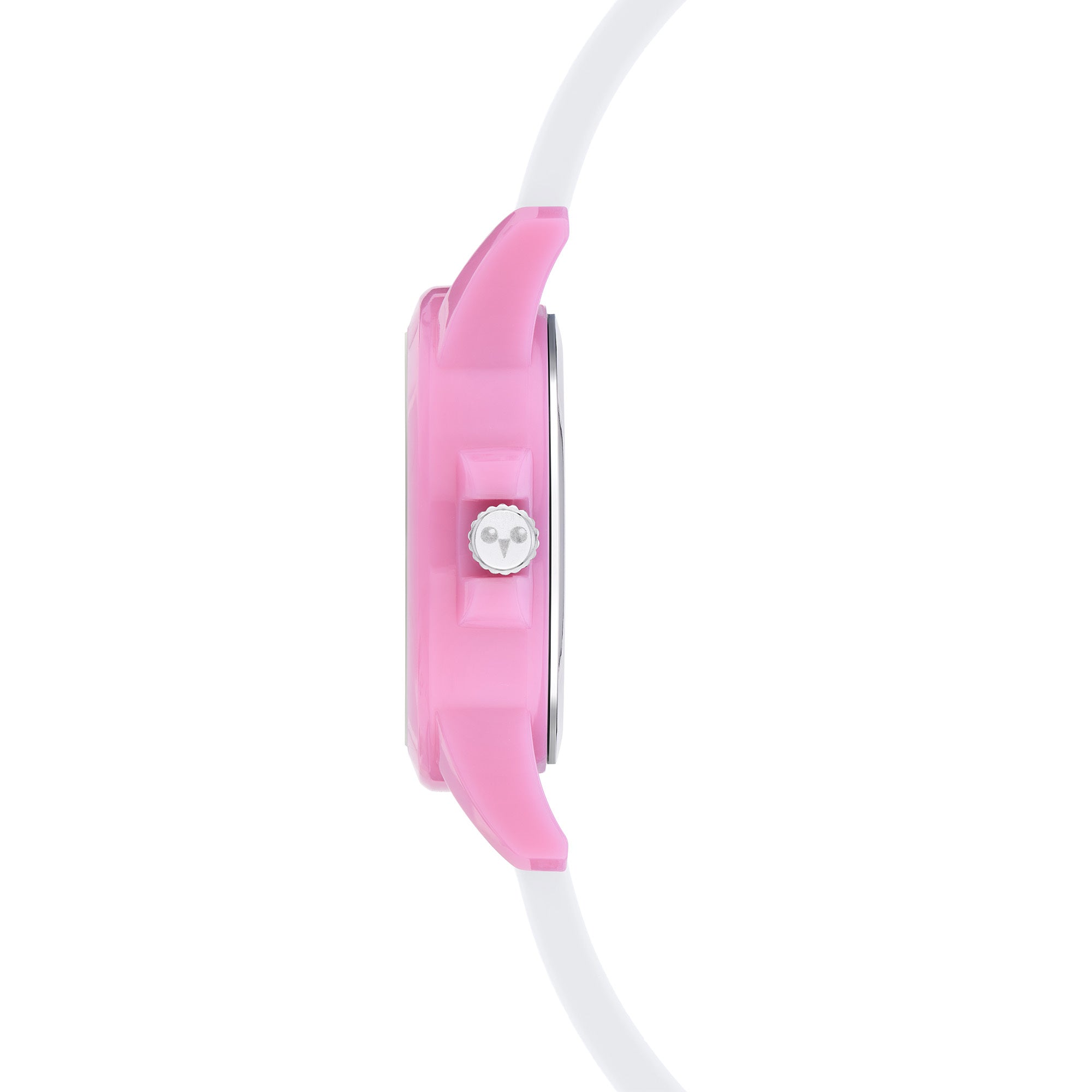 Cool Time Kids Armbanduhr mit roten Indizes, rosa Kunststoffgehäuse und rosa Silikonband mit Apfelmotiven; Seitenansicht