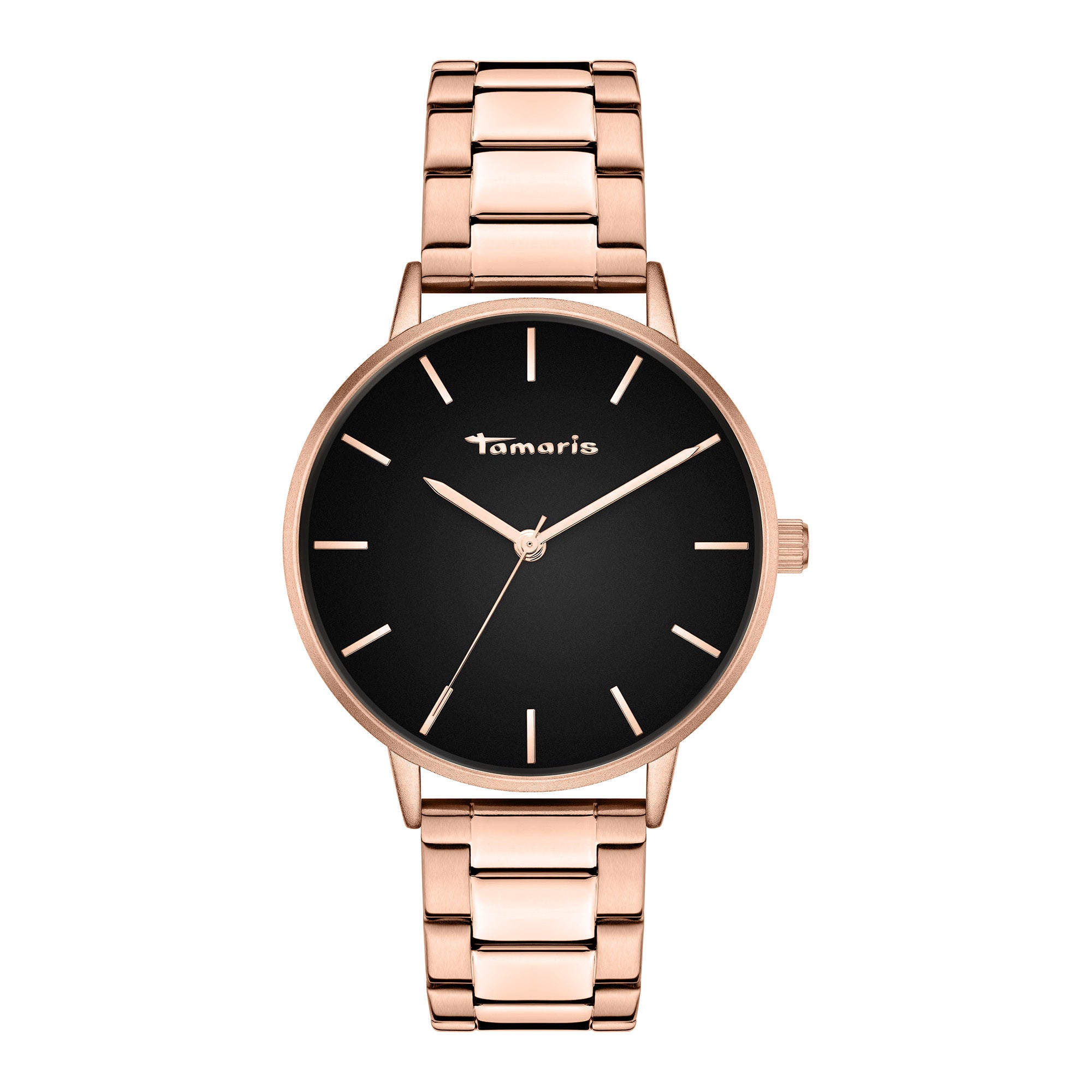 Tamaris Armbanduhr mit schwarzem Zifferblatt, roségoldenem Gehäuse und roségoldenem Gliederband; Produktbild