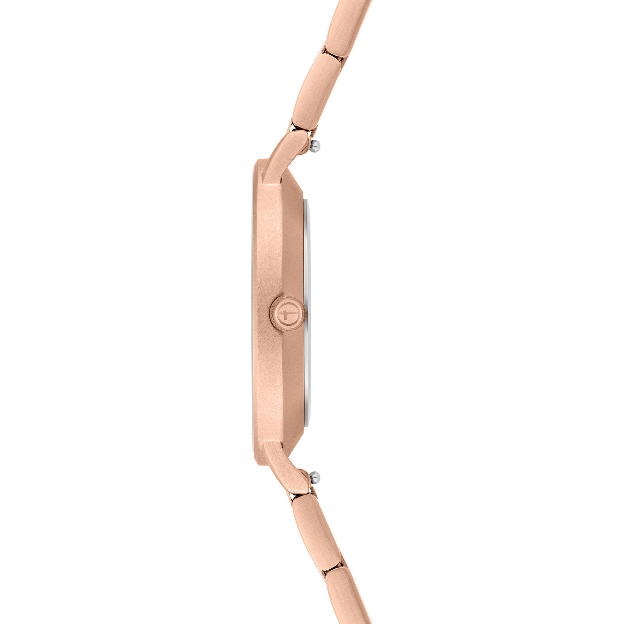 Seitenansicht der Tamaris Armbanduhr - The Modern Classic in Roségold, mit schlankem Gehäuse und elegantem Edelstahlarmband für einen zeitlosen Look.