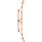 Tamaris Armbanduhr mit silbernem Zifferblatt, roségoldenem Gehäuse mit glassteinbesetztem Topring und roségoldenem teilmattiertem Edelstahlband Seitenansicht