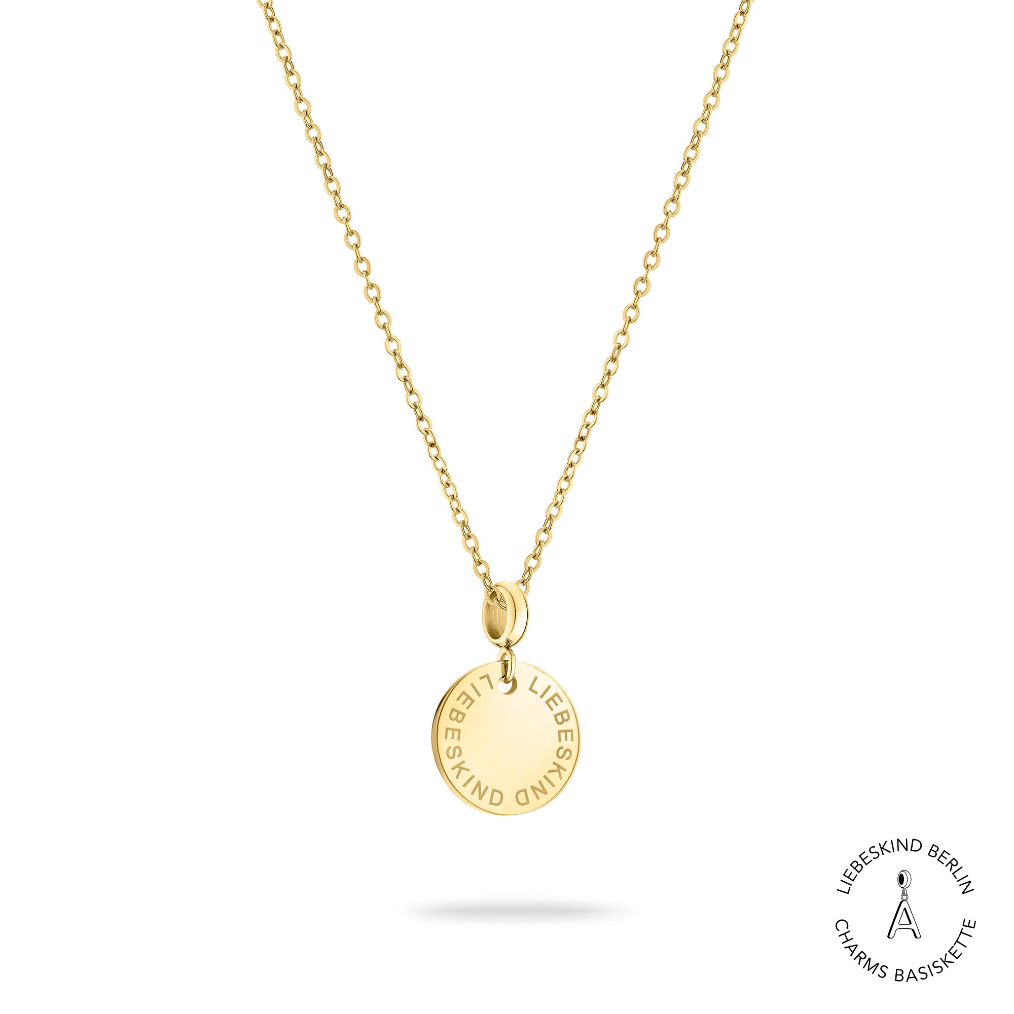 Liebeskind Berlin Halskette - Charms Basiskette; feine Kette mit rundem Logoanhänger in der Farbe gold Produktbild