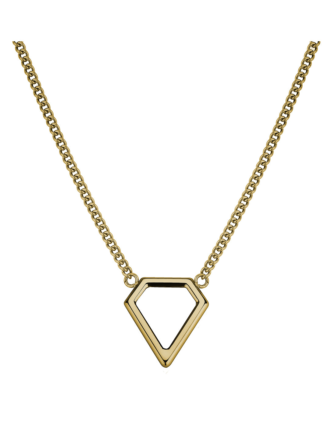 Die LIEBESKIND BERLIN Halskette - The Iconic von Liebeskind Berlin ist eine goldene Kette mit einem geometrischen rautenförmigen Anhänger, ein schickes Accessoire auf weißem Grund.