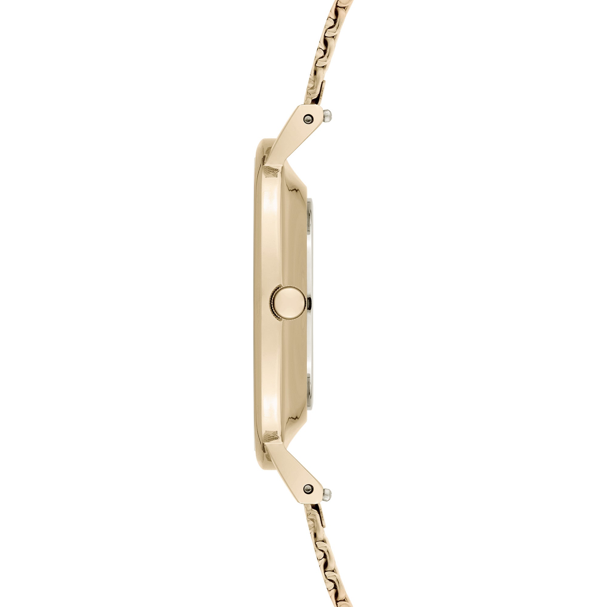 Seitenansicht der Liebeskind Berlin Armbanduhr - Glitter-Special in Gold mit passendem Band und runder Krone, die den eleganten Stil der Uhr unterstreicht.