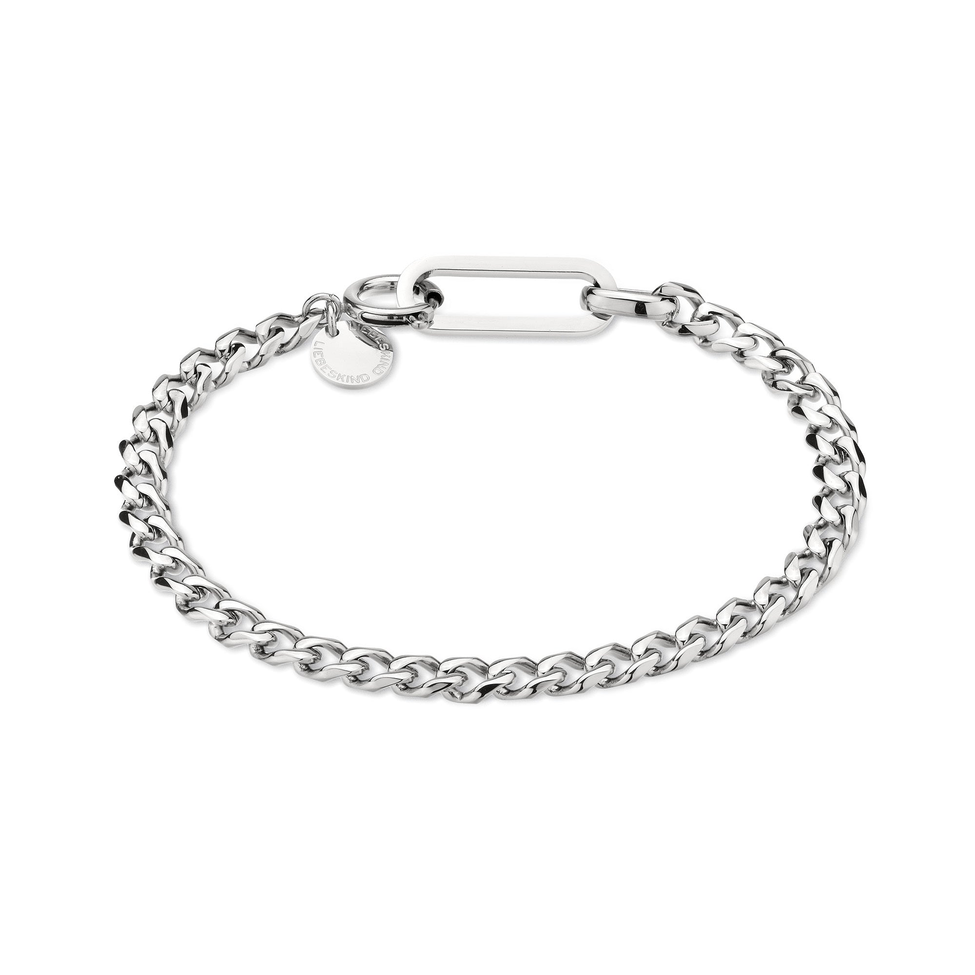 Das LIEBESKIND BERLIN Armband - The Basic Trendy Chain von Liebeskind Berlin präsentiert sich mit ovalem Verschluss und rundem Charm als elegantes Schmuckstück auf weißem Hintergrund.
