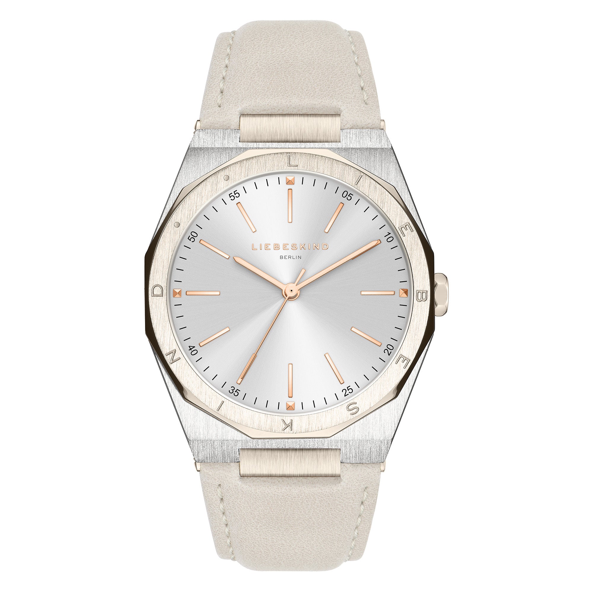 LIEBESKIND BERLIN Armbanduhr - Vintage Classic mit beigem Lederband, rundem Zifferblatt, Edelstahlgehäuse sowie silbernen und goldenen Akzenten in minimalistischer Optik.