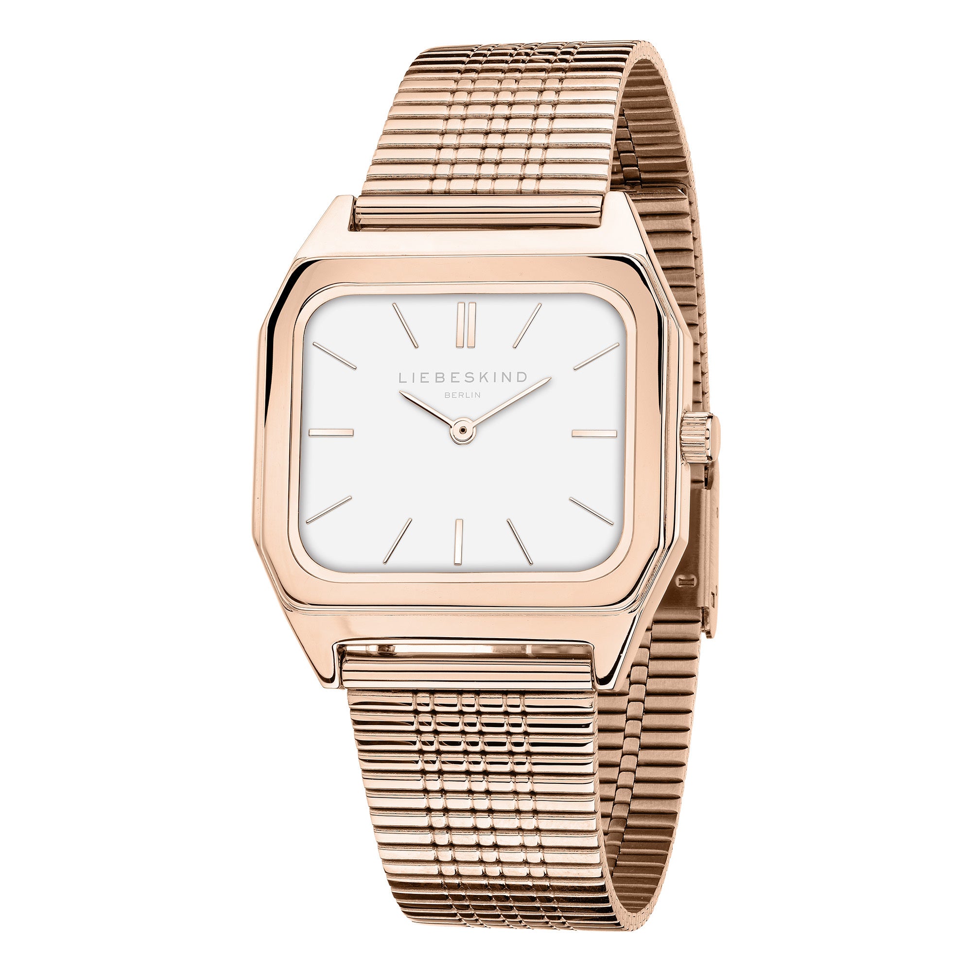 Liebeskind Berlin Armbanduhr mit silberem Zifferblatt, eckigem roségoldenem Gehäuse und strukturiertem roségoldenem Meshband Produktbild