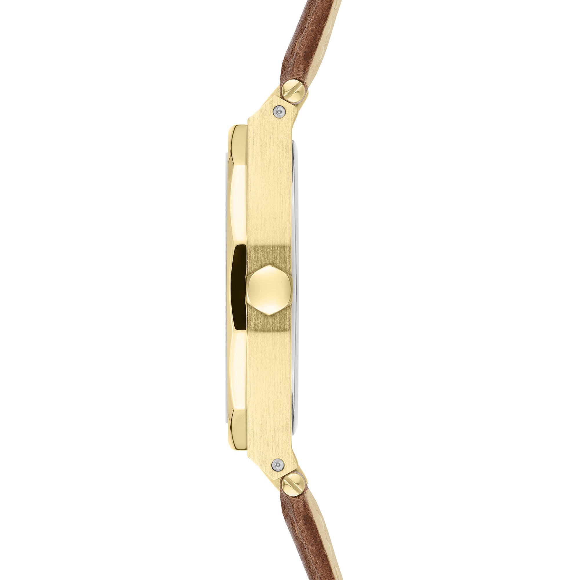 Liebeskind Berlin Armbanduhr mit Zifferblatt mit goldenen Indizes, goldenem Gehäuse und braunem Lederband; Seitenansicht