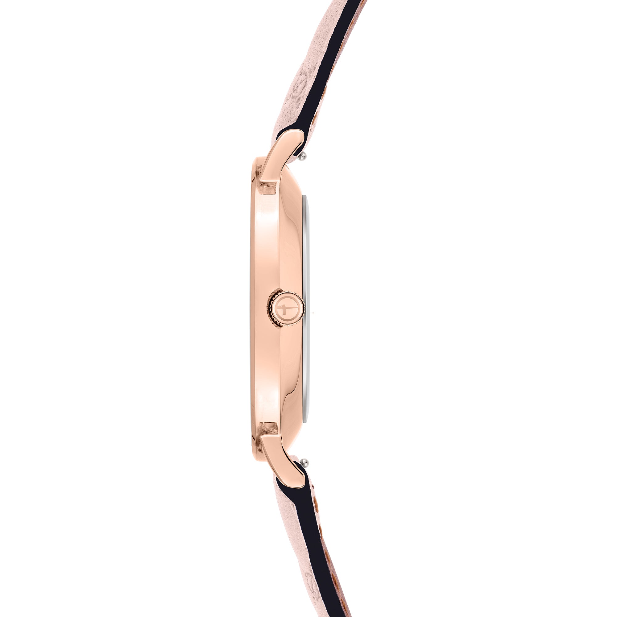 Seitenansicht der Tamaris Armbanduhr - The Woven by Tamaris in Roségold, mit schlankem Gehäuse und zweifarbigem Lederband für zeitlose Eleganz.