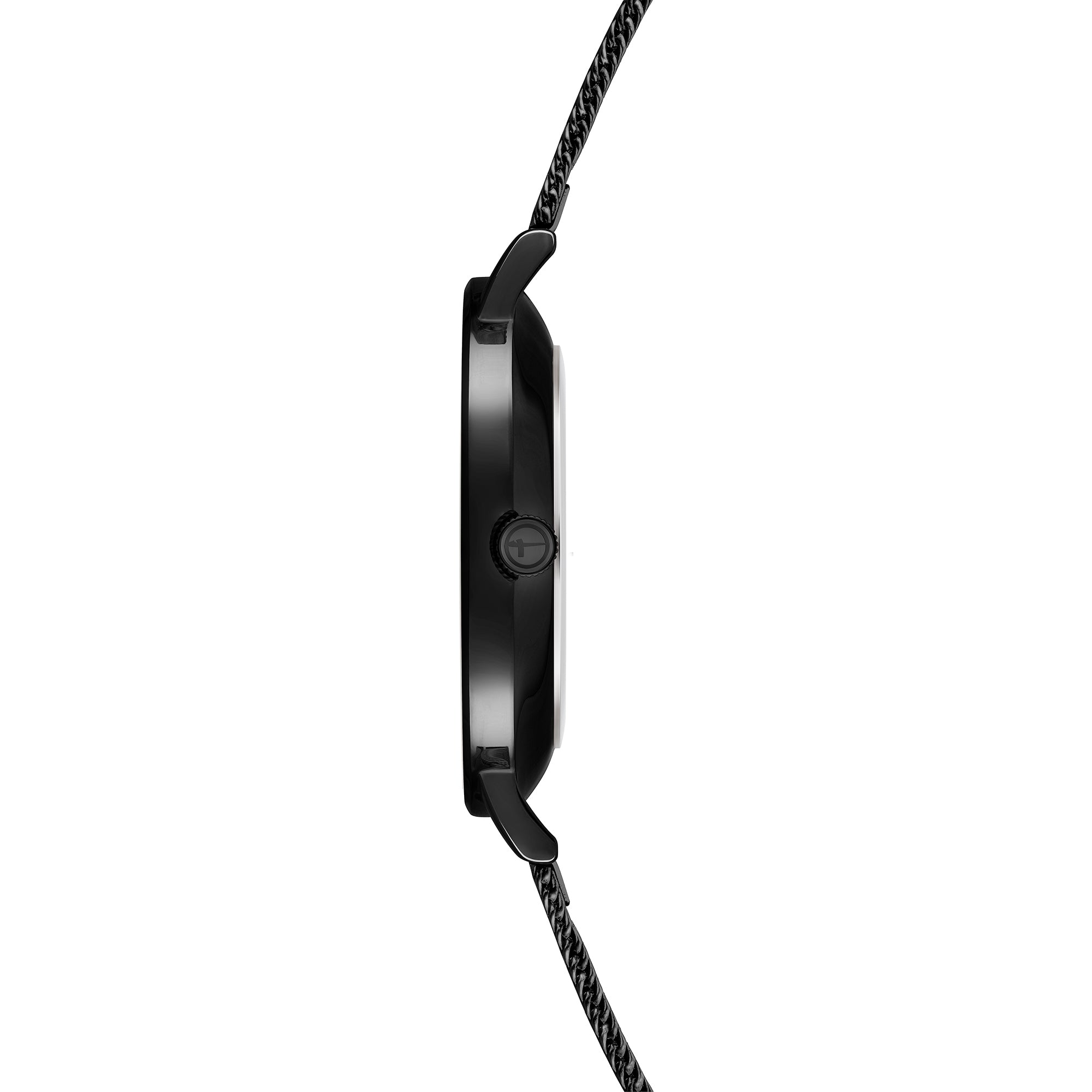 Tamaris Armbanduhr mit schwarzem Ziffernblatt, schwarzem Gehäuse und schwarzem Mesh-Armband Seitenansicht