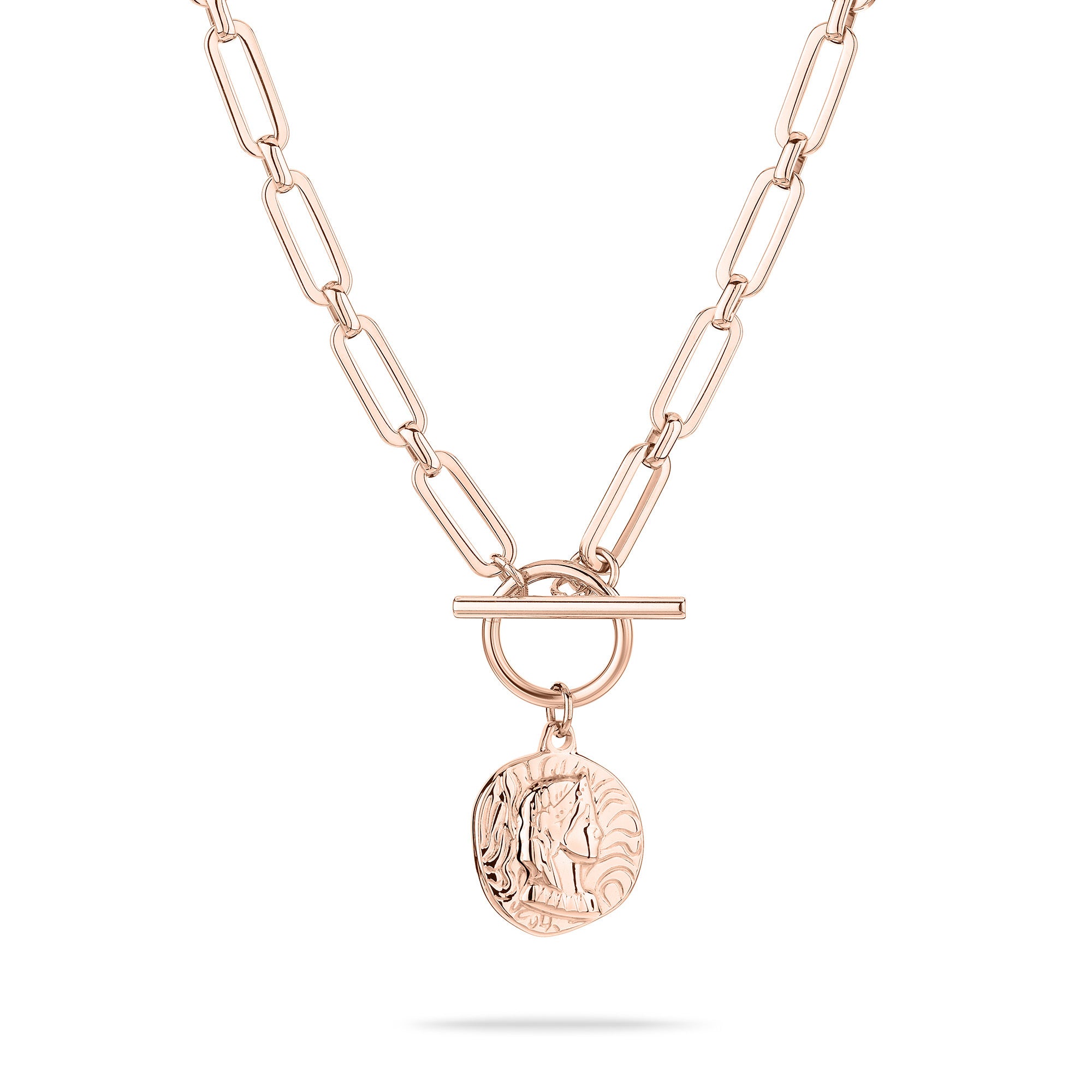 Die Tamaris Halskette - Coin von Tamaris überzeugt in Roségold mit klassischem Profil-Relief-Münzanhänger und elegantem Toggle-Verschluss.