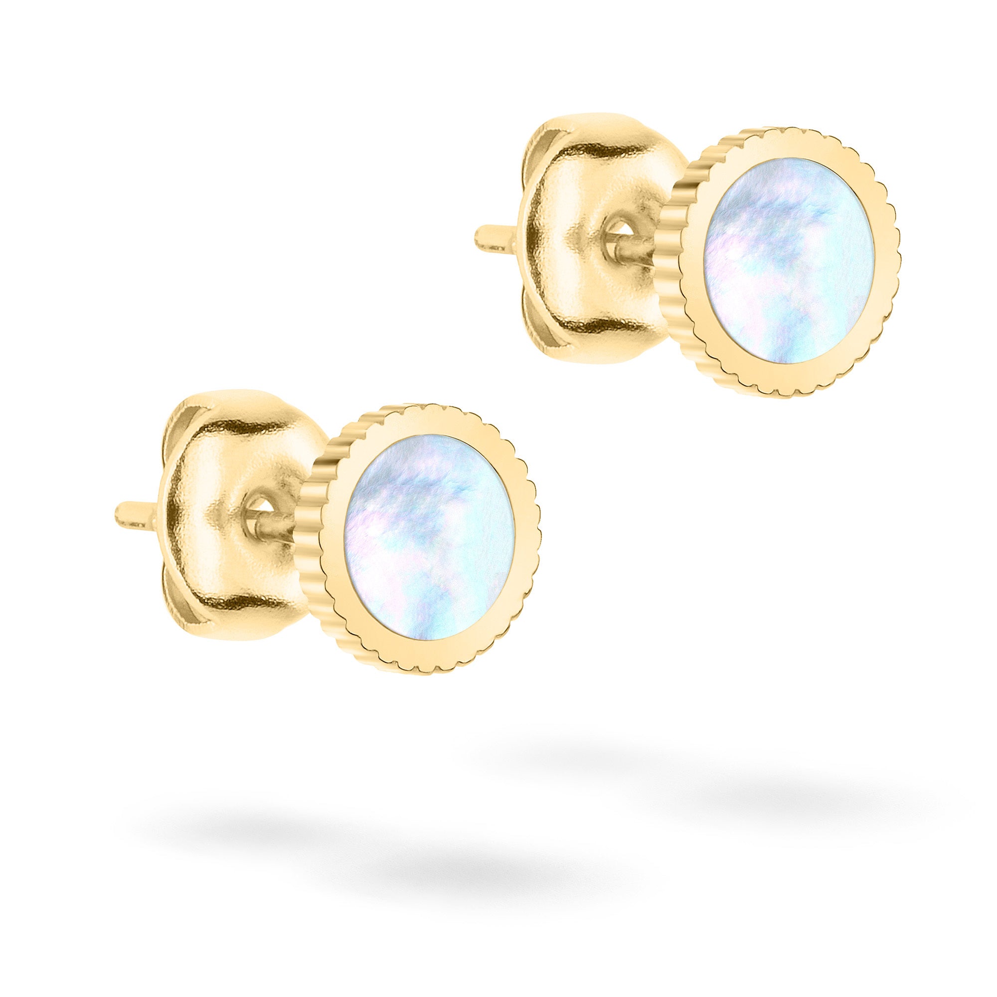 Tamaris Ohrstecker mit Perlmutt Inlay und goldener geriffelten Umrandung; Produktbild