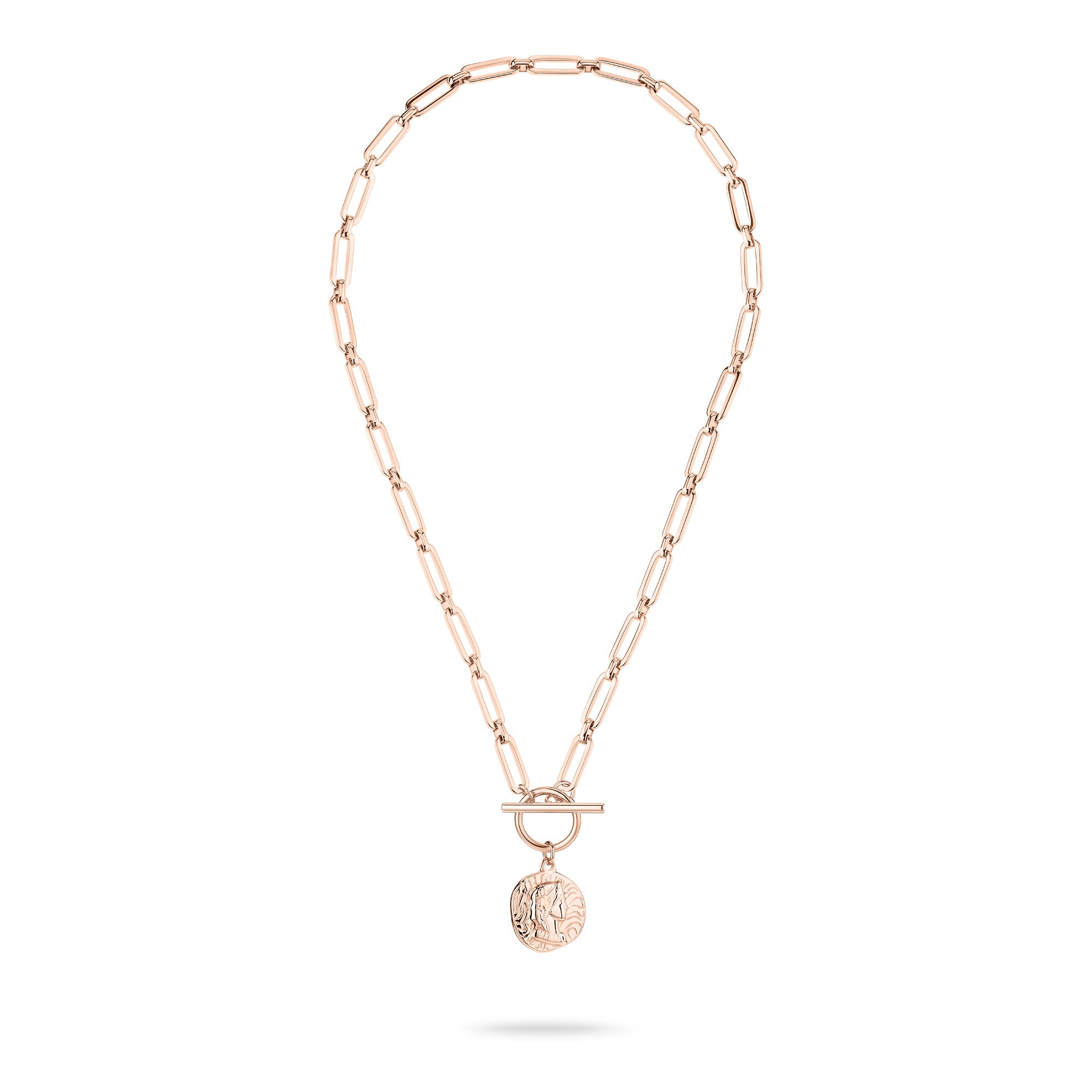 Die Tamaris Halskette - Coin besteht aus verlängerten Gliedern aus Roségold, einer Knebelschließe und einem runden, gravierten Münzanhänger - ein elegantes Stück von Tamaris.