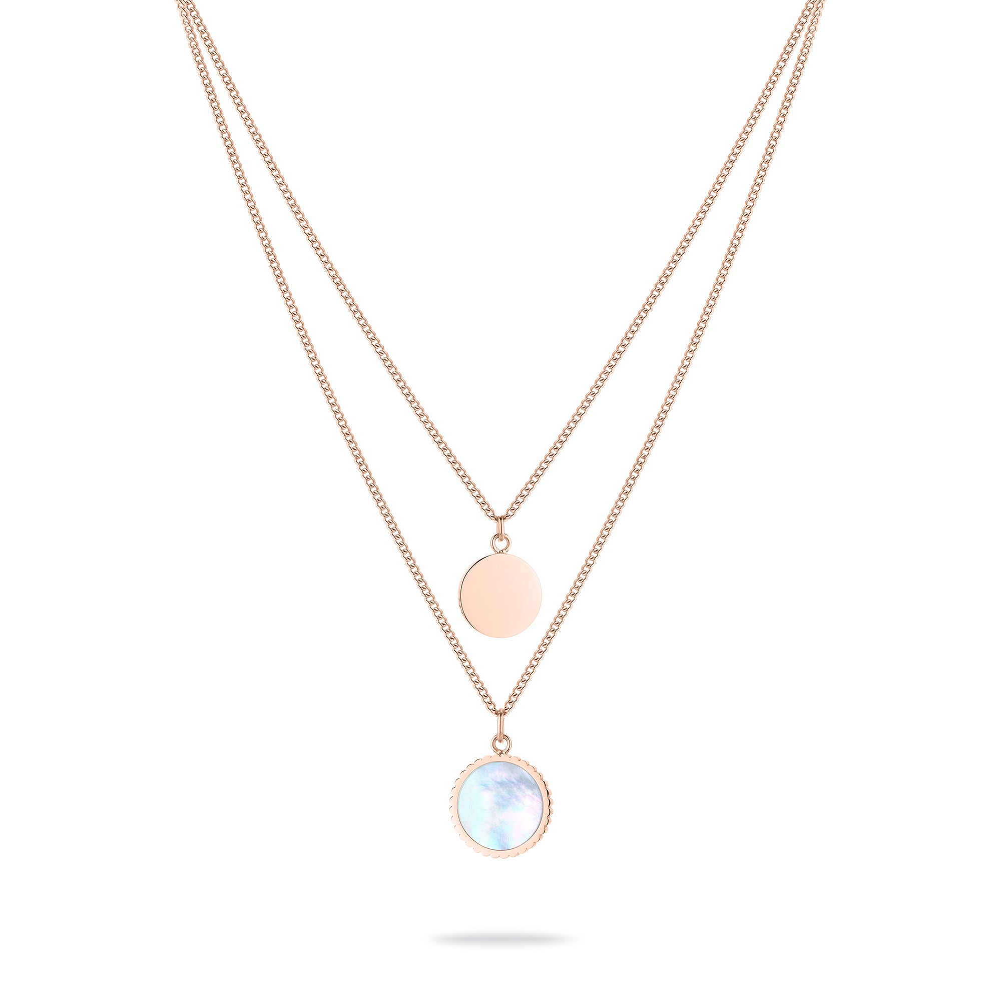 Die Tamaris Halskette - Perlmutt von Tamaris besteht aus zwei roségoldenen Lagen mit einem runden Anhänger und einem schillernden Perlmutt Coin Charm an separaten Ketten für ein schickes, müheloses Layering.